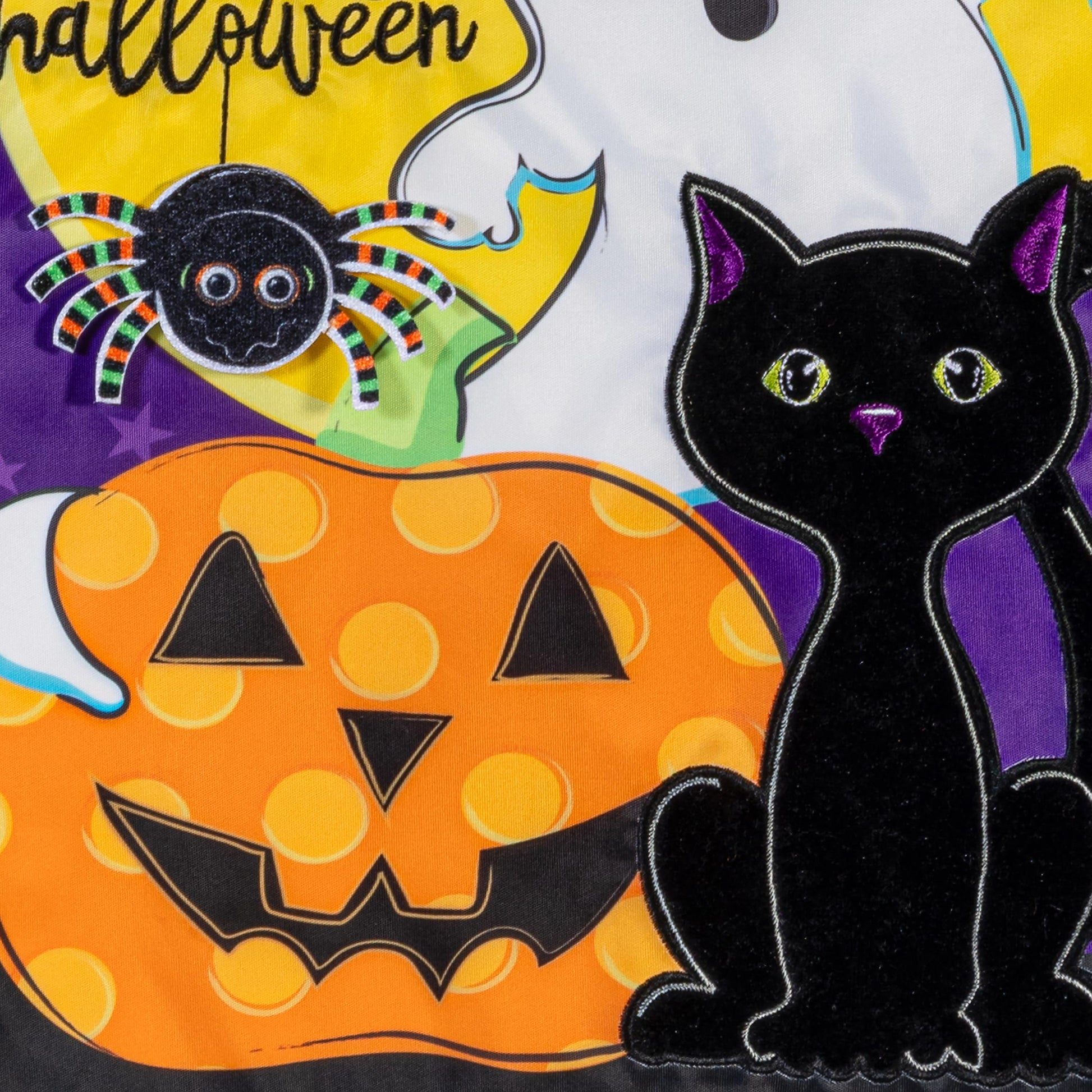 Halloween Friends Applique Garden Flag with orange pumpkin and black cat, purple accents on Tampa Home & Garden Store