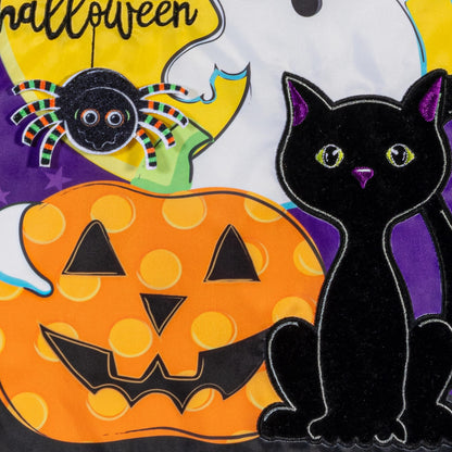Halloween Friends Applique Garden Flag with orange pumpkin and black cat, purple accents on Tampa Home & Garden Store