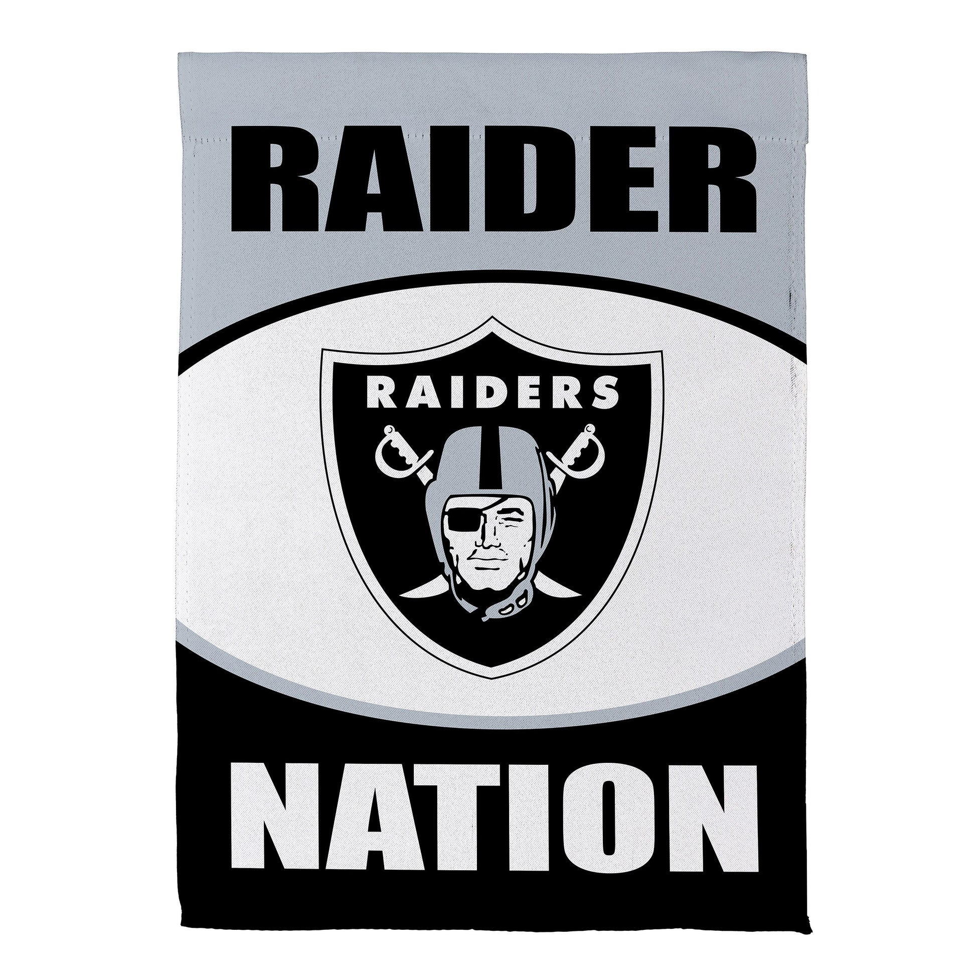 Las Vegas Raiders suede flag on light gray fabric with bold RAIDERS NATION shield emblem on Tampa Home & Garden Store