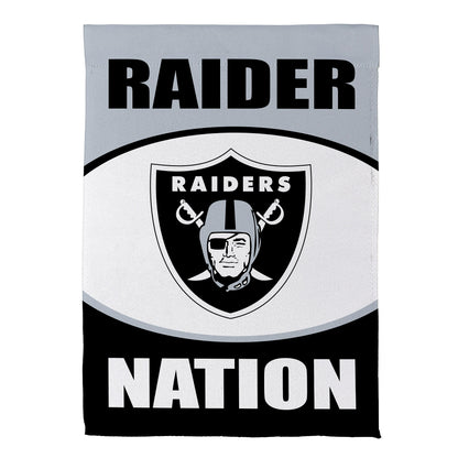 Las Vegas Raiders suede flag on light gray fabric with bold RAIDERS NATION shield emblem on Tampa Home & Garden Store