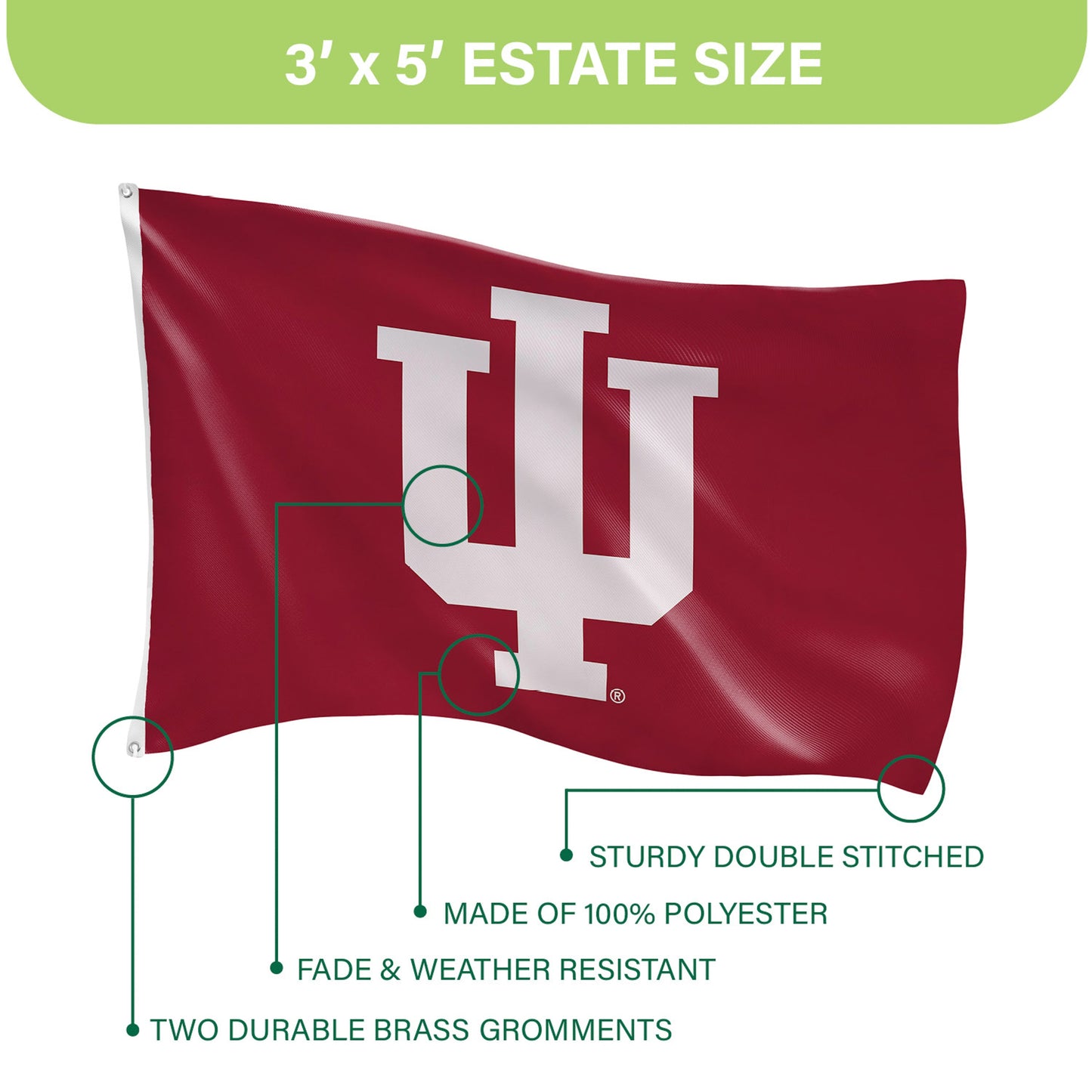 3x5' Indiana University sublimated flag, single-sided with 2 grommets by Evergreen Enterprises on Tampa Home & Garden Store