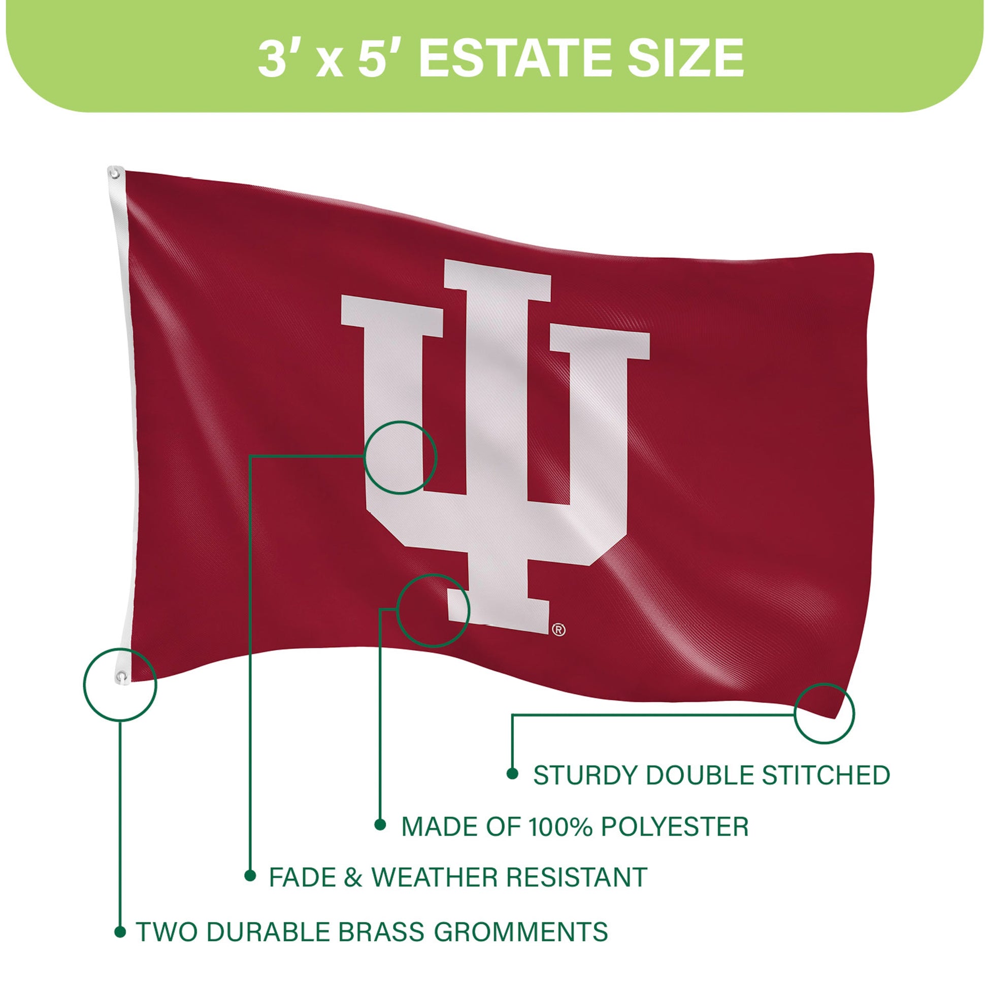 3x5' Indiana University sublimated flag, single-sided with 2 grommets by Evergreen Enterprises on Tampa Home & Garden Store