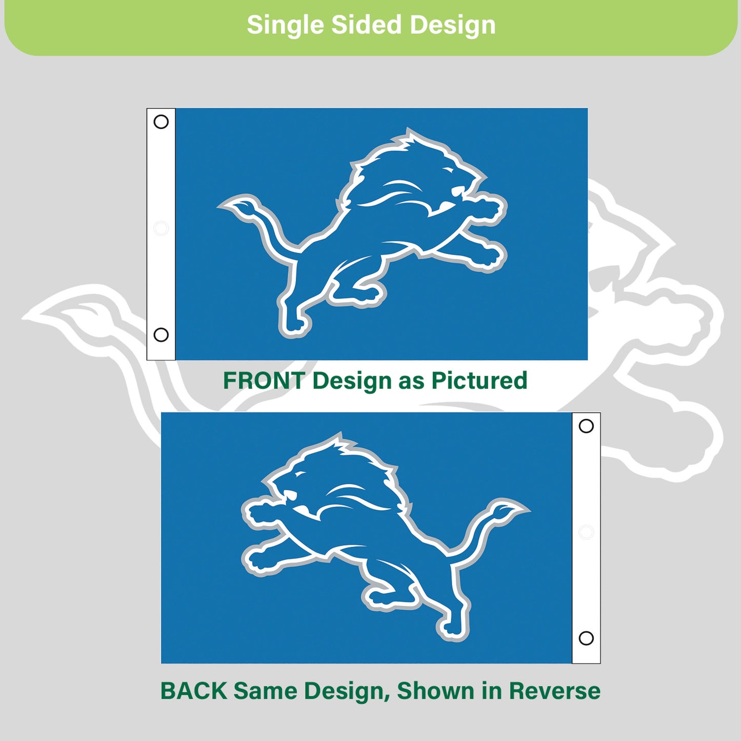 Detroit Lions 3x5 sublimated flag with 2 grommets featuring Lions logo on blue field on Tampa Home & Garden Store