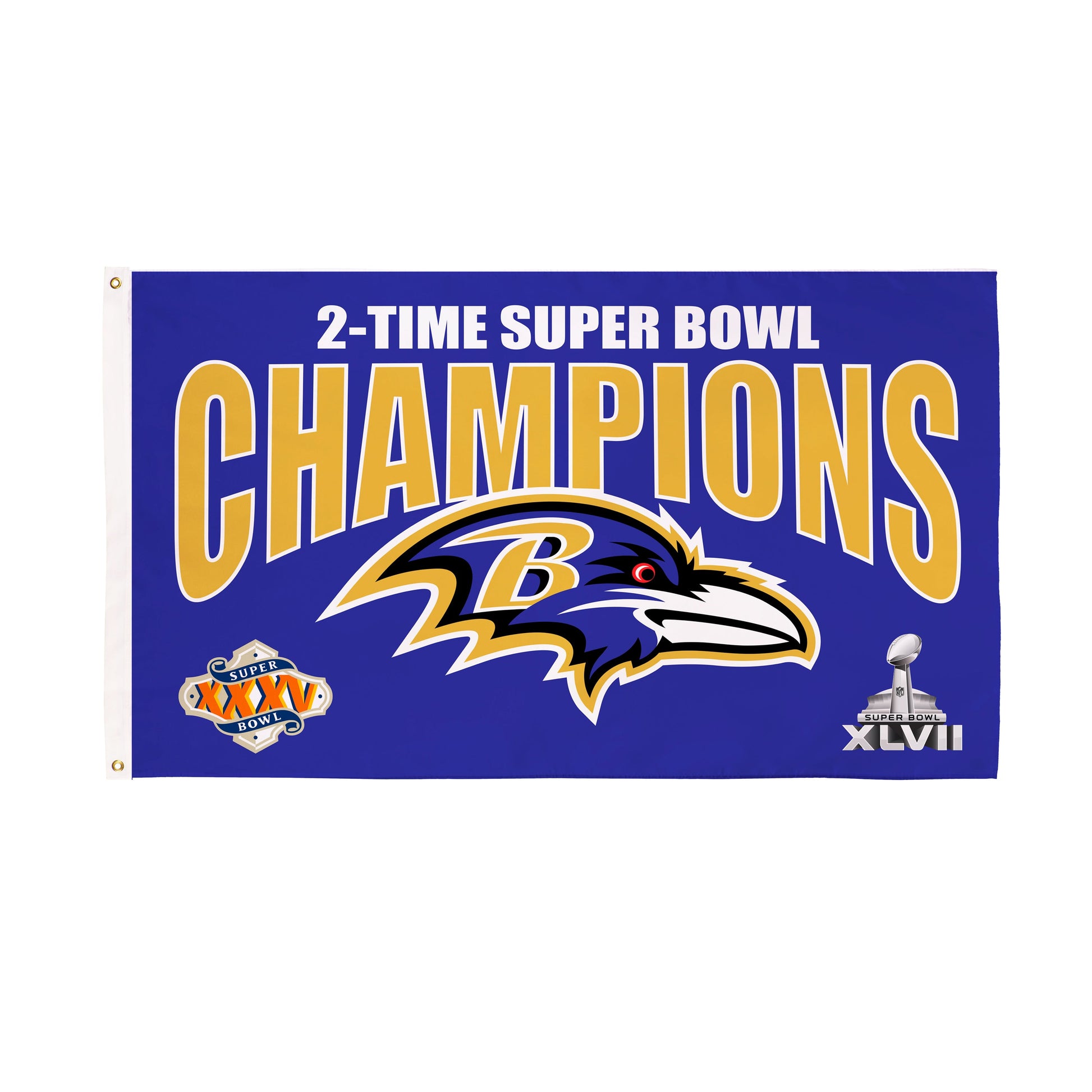 Baltimore Ravens 3X Super Bowl Champions flag, purple banner with raven logo on Tampa Home & Garden Store