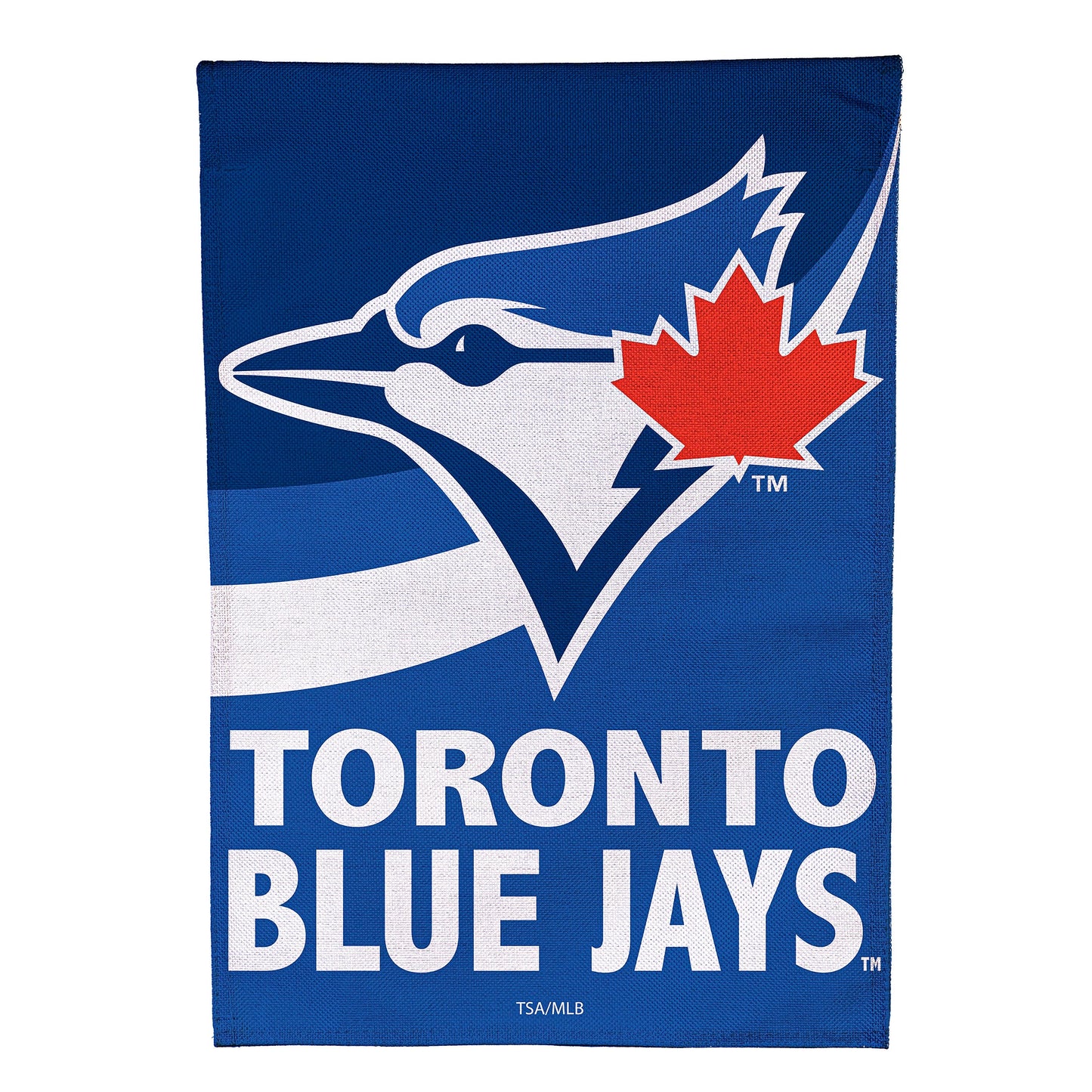 Toronto Blue Jays burlap flag blue with white bird logo and red maple leaf by Evergreen on Tampa Home & Garden Store