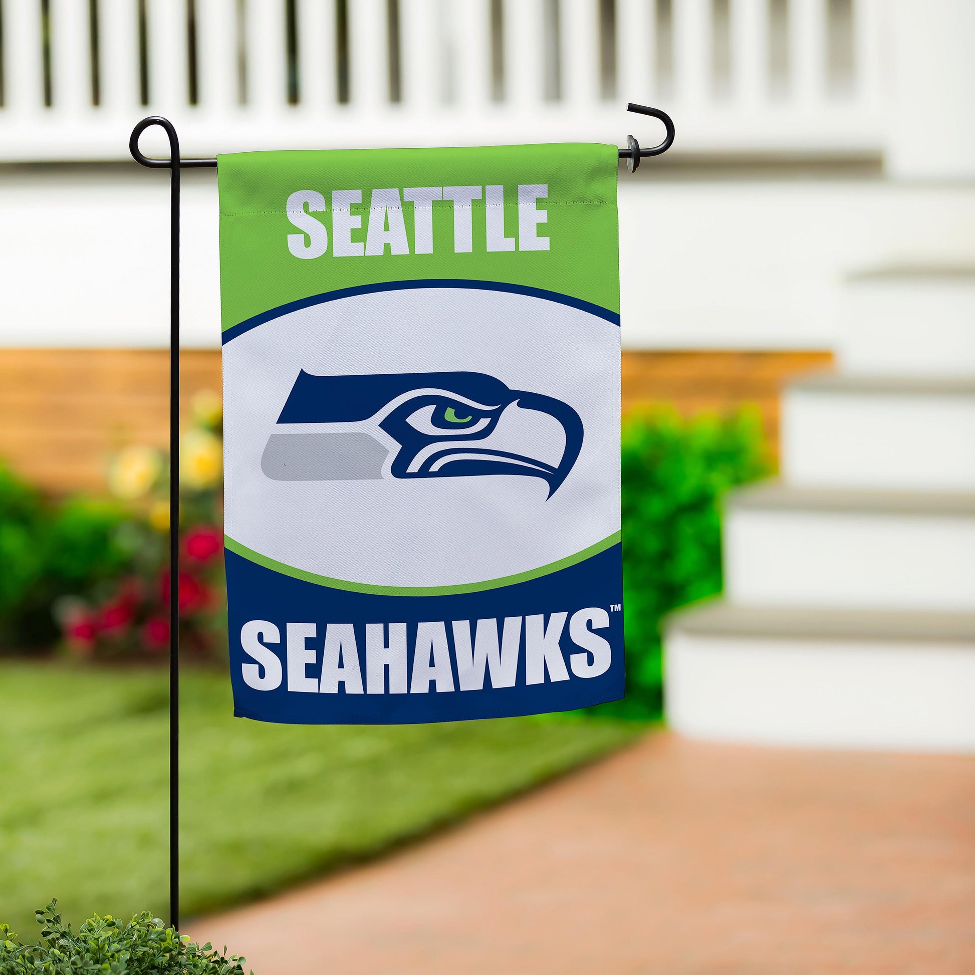 Seattle Seahawks Suede Garden Flag, green header with SEATTLE and Seahawks logo for outdoor display on Tampa Home & Garden Store