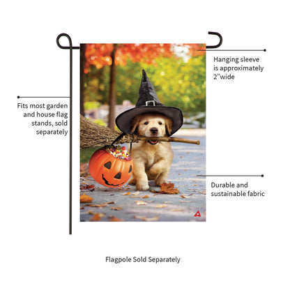 Suede garden flag Goldens With Broom by Evergreen Enterprises with dog in witch hat on Tampa Home & Garden Store