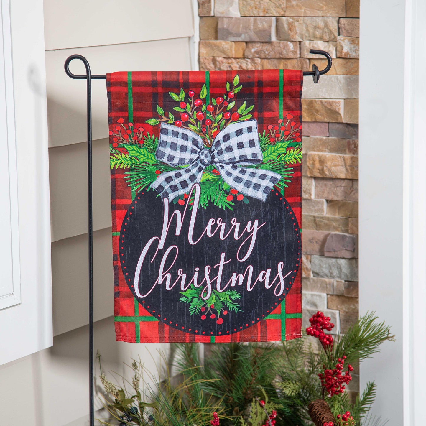 Farmhouse Ornament Suede Garden Flag red plaid with greenery by Evergreen Enterprises on Tampa Home & Garden Store
