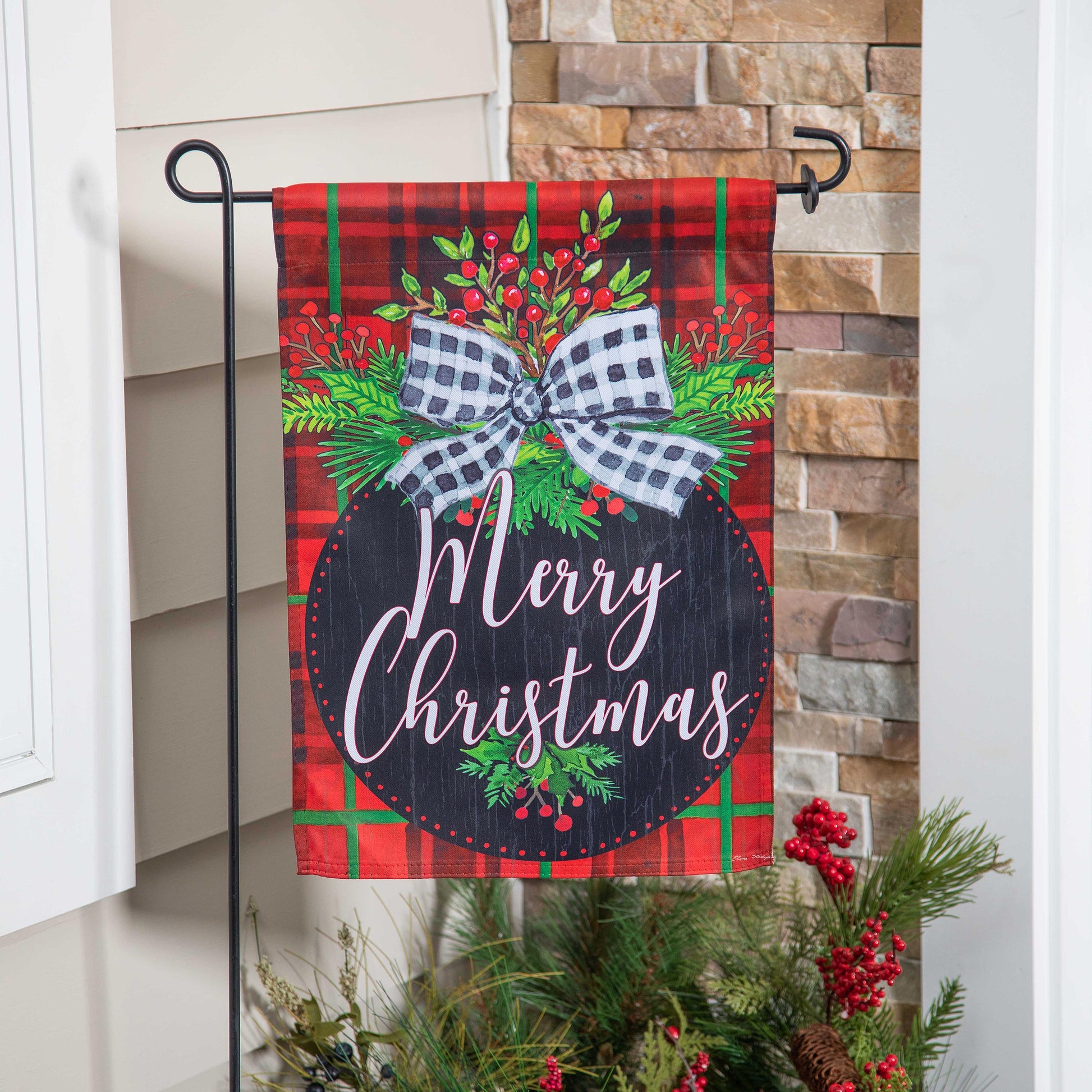 Farmhouse Ornament Suede Garden Flag red plaid with greenery by Evergreen Enterprises on Tampa Home & Garden Store