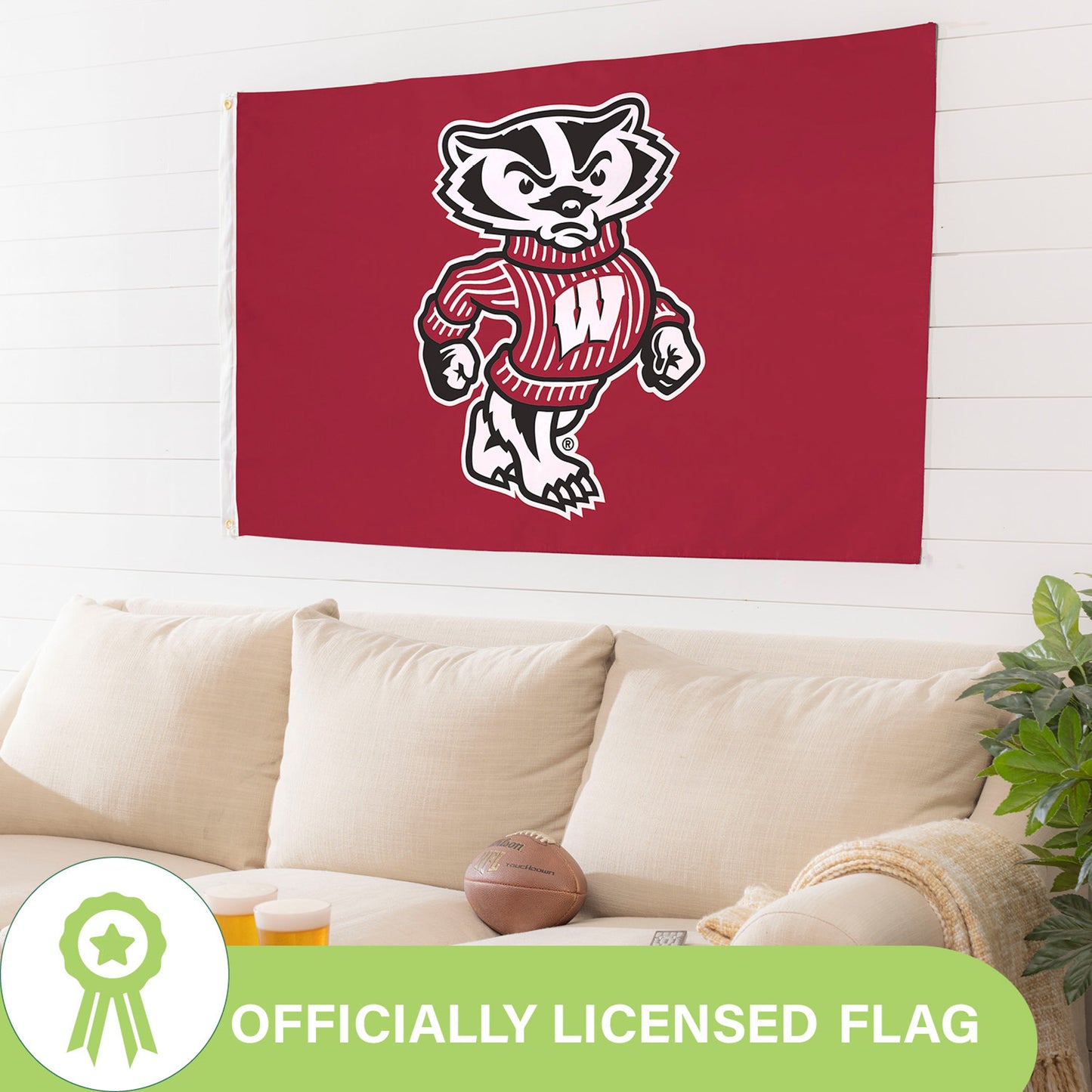 Wisconsin-Madison sublimated flag featuring UW Badger on maroon with 2 grommets on Tampa Home & Garden Store
