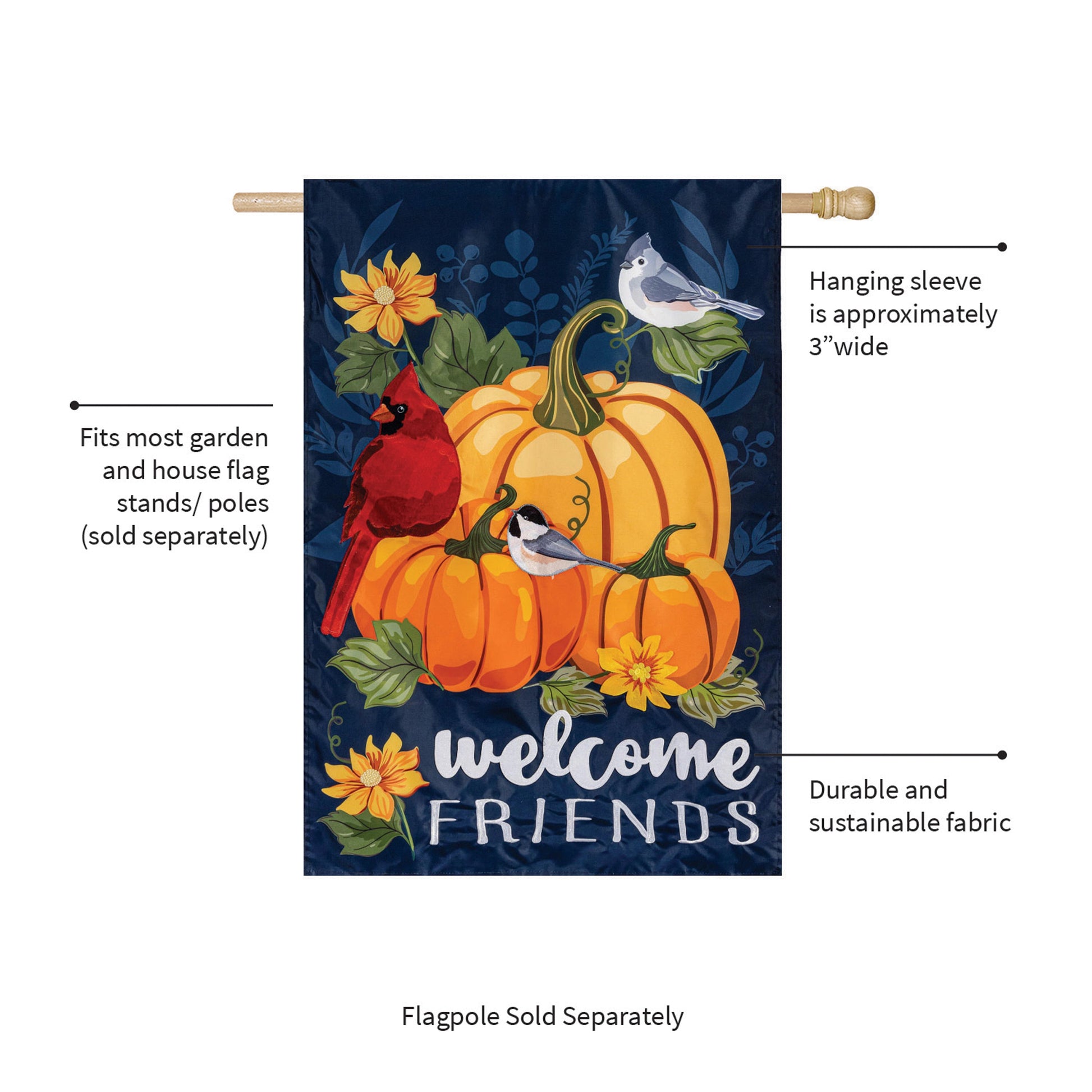 Welcome Friends of Fall Applique House Flag navy pumpkins and birds Evergreen Enterprises on Tampa Home & Garden Store