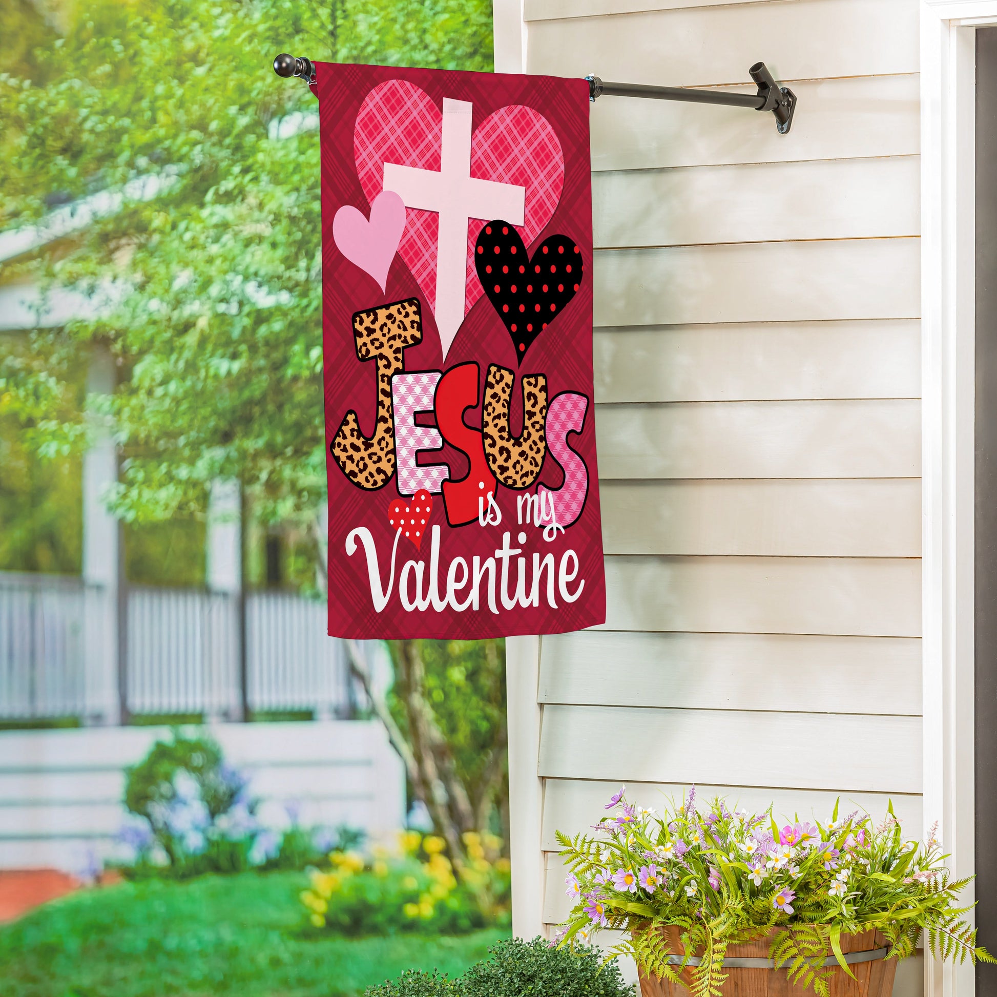 Jesus Is My Valentine suede house flag with red plaid, pink hearts and white cross on Tampa Home & Garden Store