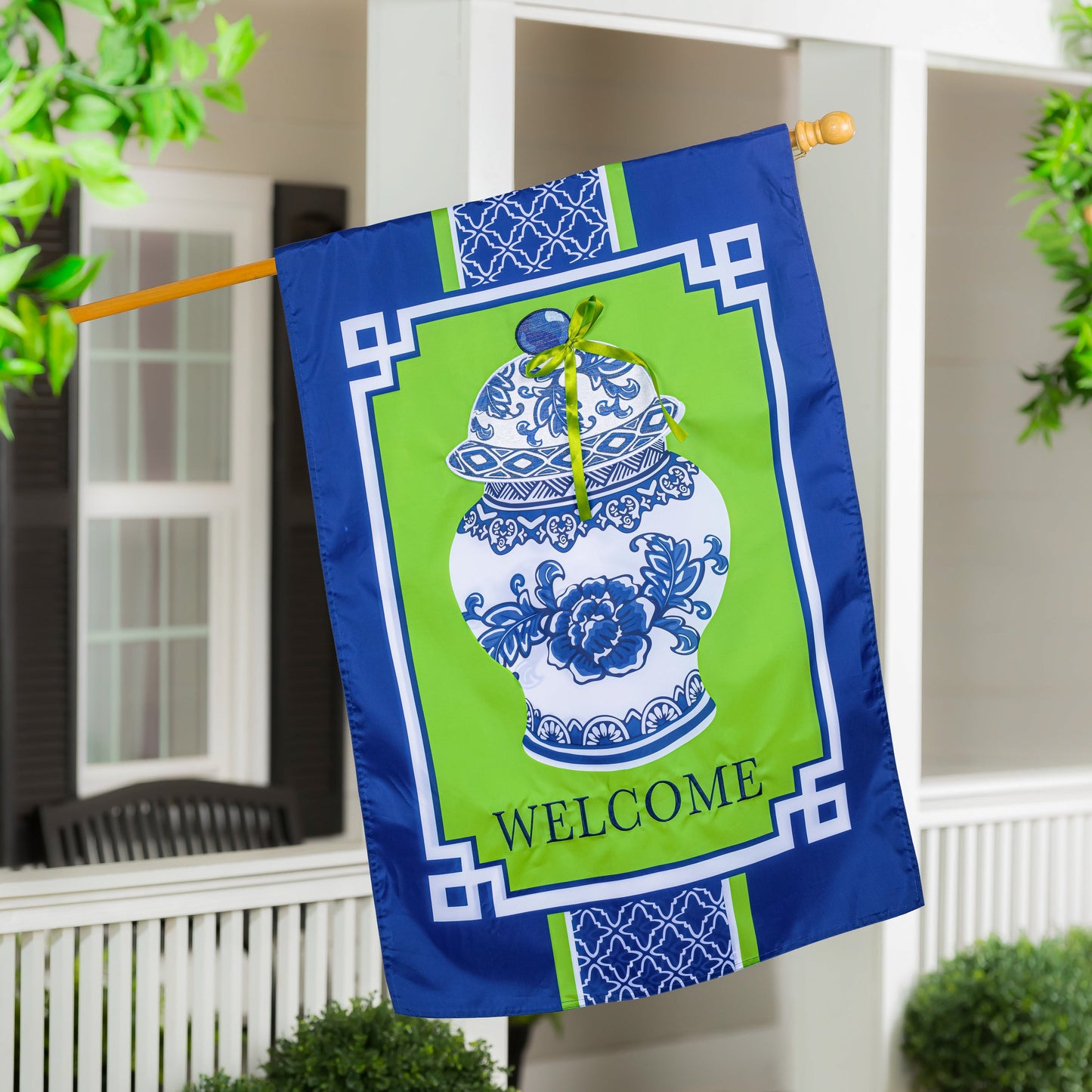 Chinoiserie Welcome Applique House Flag blue lime green with pattern Evergreen Enterprises on Tampa Home & Garden Store