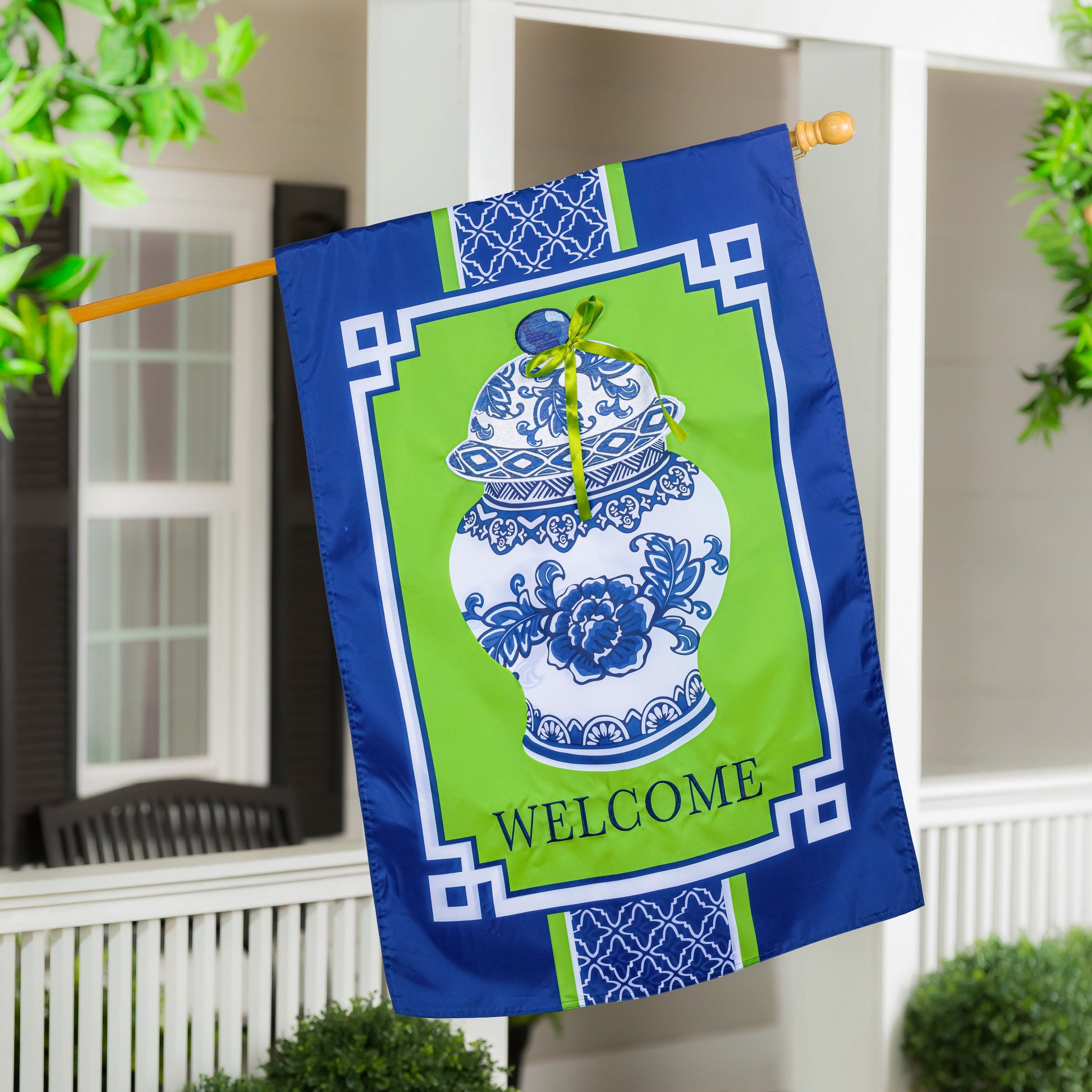 Chinoiserie Welcome Applique House Flag blue lime green with pattern Evergreen Enterprises on Tampa Home & Garden Store