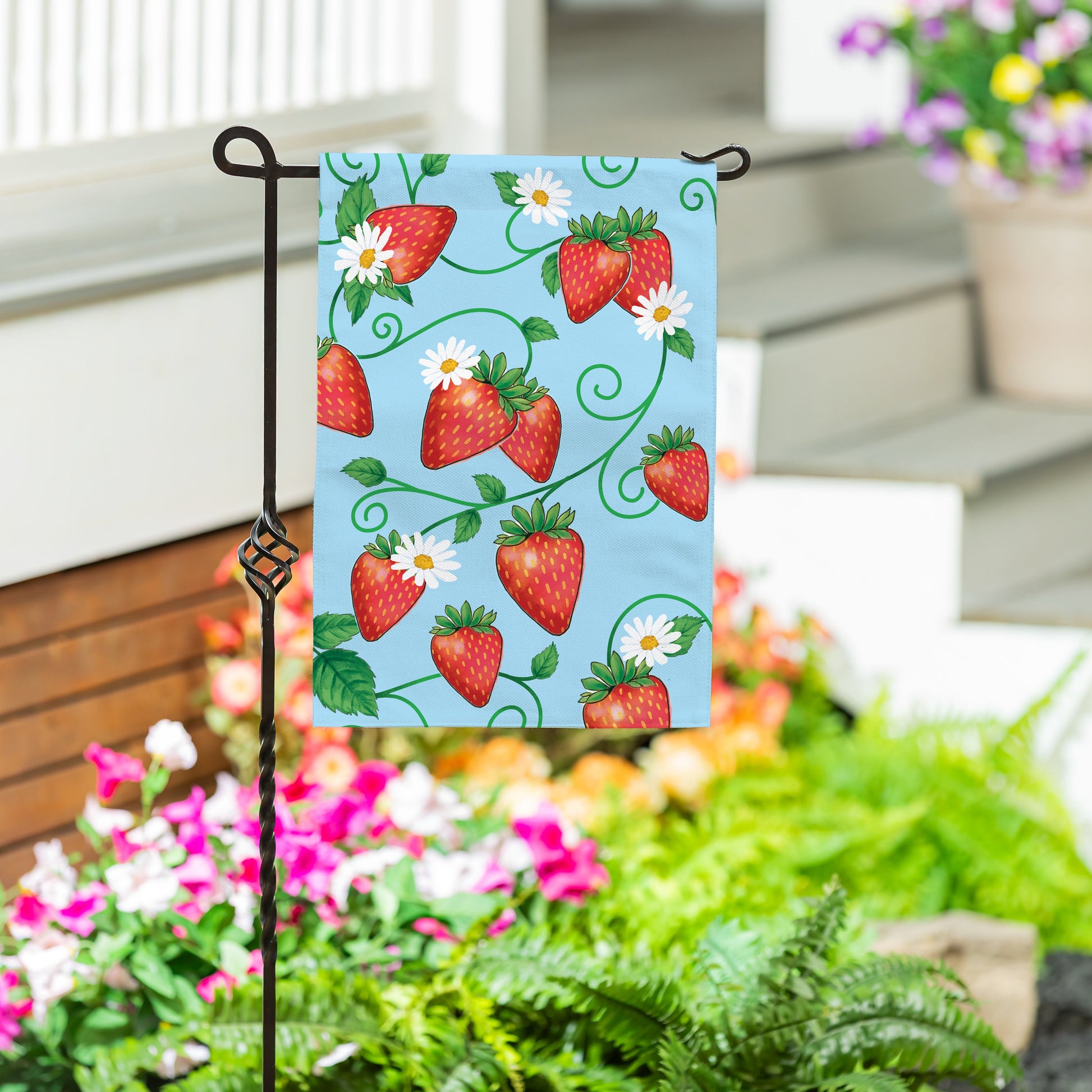 Sweet Strawberries Burlap Garden Flag with blue background, strawberries and daisies on Tampa Home & Garden Store