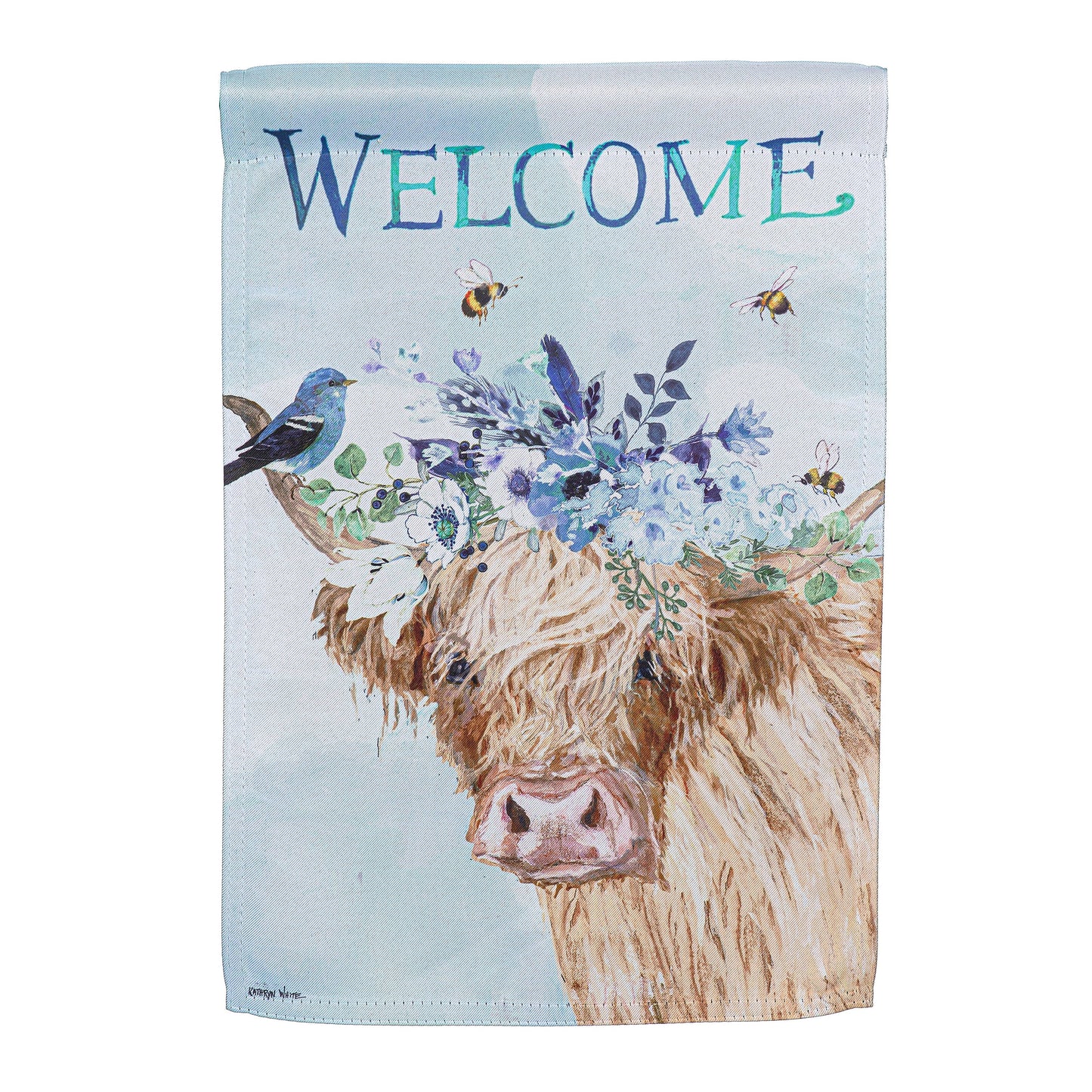 Hillside Pasture Floral Cow Suede Garden Flag with cow portrait, blue sky and floral bouquet on Tampa Home & Garden Store