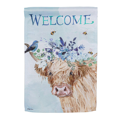 Hillside Pasture Floral Cow Suede Garden Flag with cow portrait, blue sky and floral bouquet on Tampa Home & Garden Store