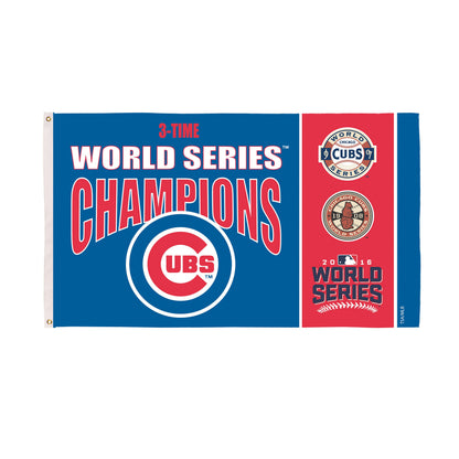Chicago Cubs 3x5 sublimated flag with 2 grommets, featuring Cubs World Series Champions on blue on Tampa Home & Garden Store