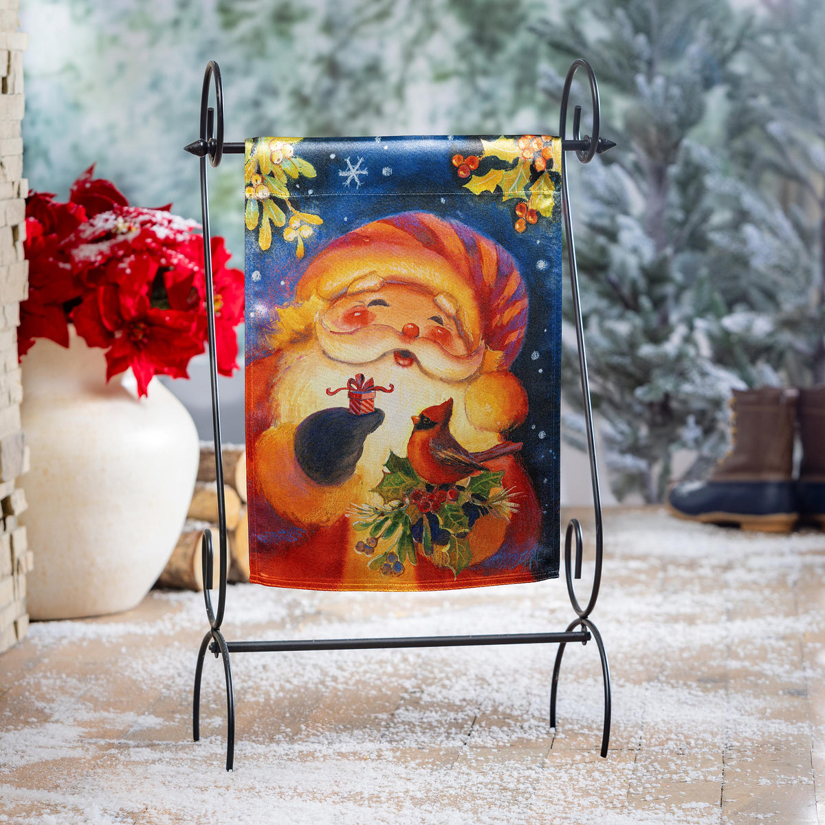 Cheerful Santa Lustre Garden Flag by Evergreen Enterprises on metal stand on Tampa Home & Garden Store