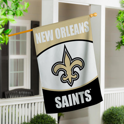 New Orleans Saints suede house flag beige backdrop with white NEW ORLEANS text, fleur-de-lis emblem, black SAINTS panel on Tampa Home & Garden Store