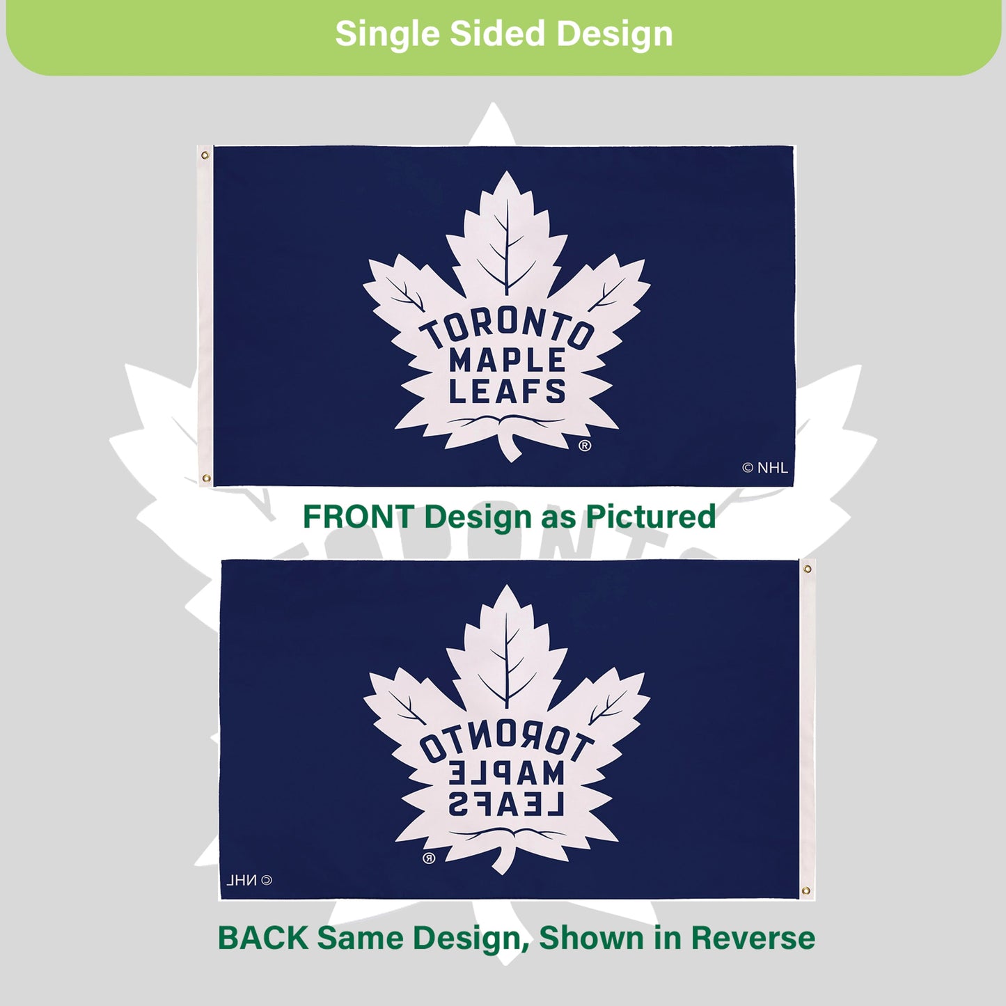 Toronto Maple Leafs single-sided flag navy blue with white maple leaf and 2 grommets on Tampa Home & Garden Store