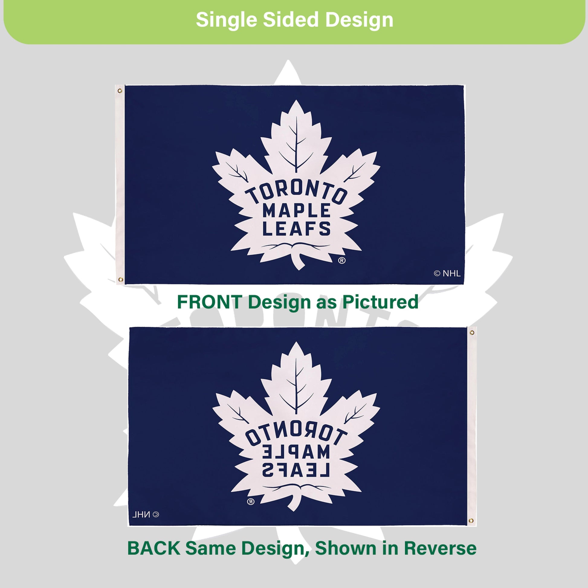 Toronto Maple Leafs single-sided flag navy blue with white maple leaf and 2 grommets on Tampa Home & Garden Store