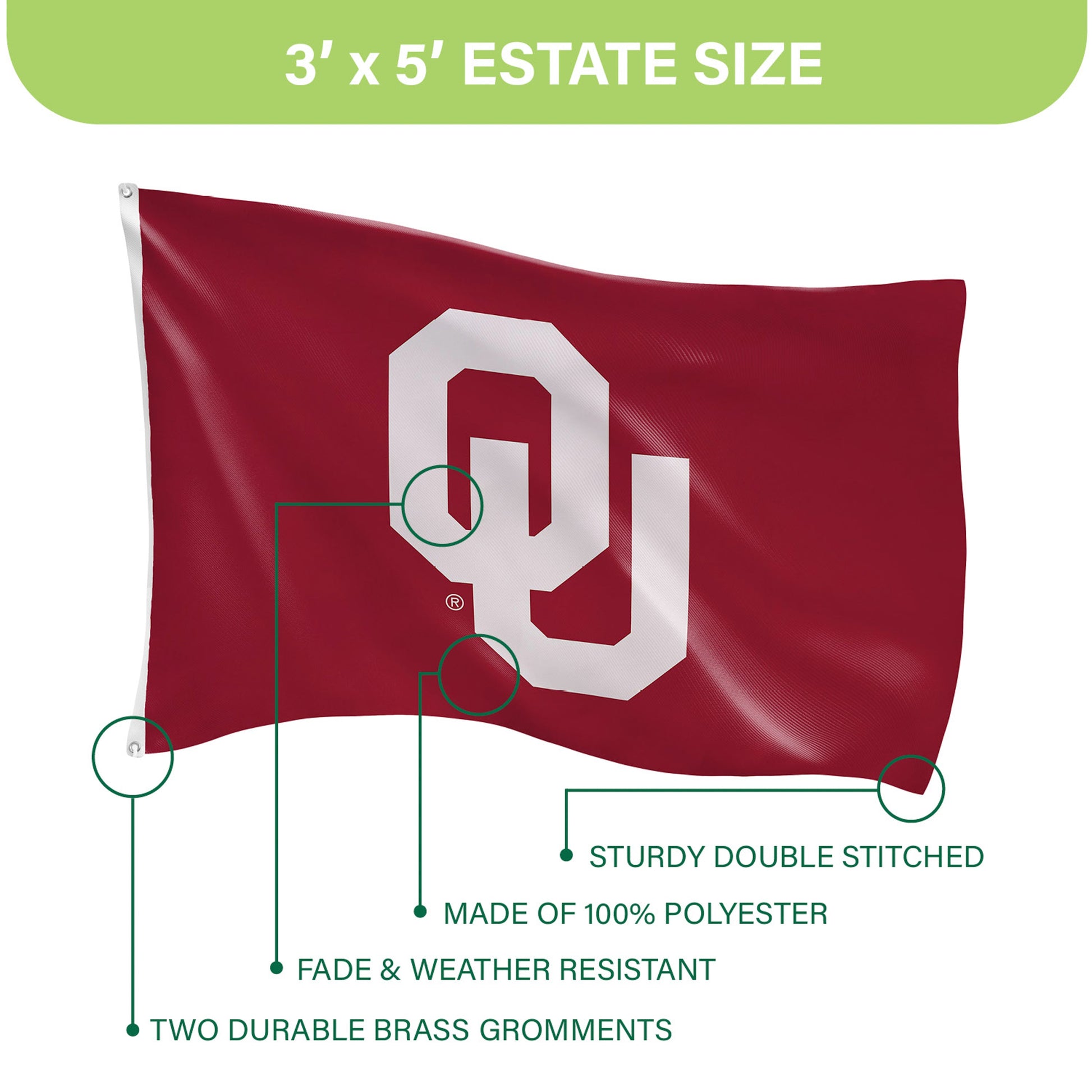University of Oklahoma 3x5 estate flag single-sided with white OU on crimson two brass grommets on Tampa Home & Garden Store