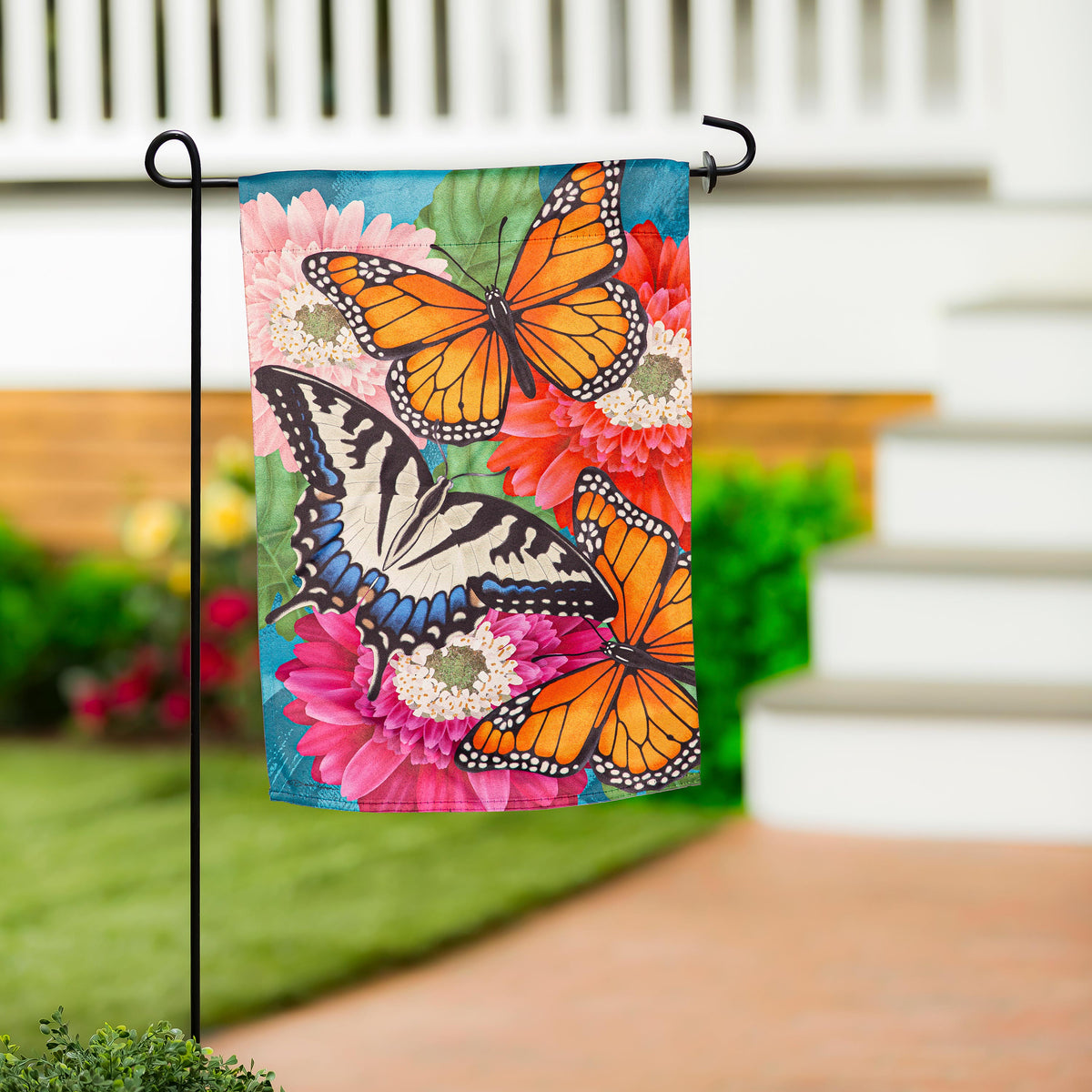 Mother Monarch Suede Garden Flag with bright monarch butterflies and pink flowers on Tampa Home & Garden Store