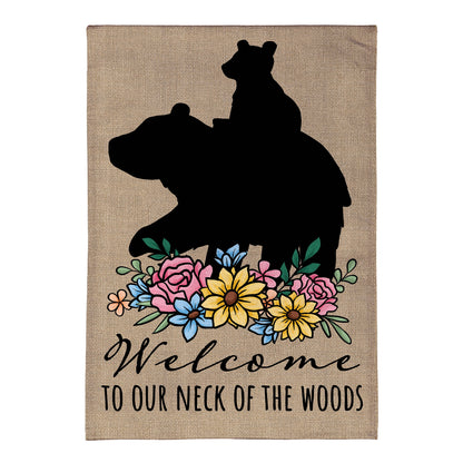 Welcome to Our Neck of the Woods Burlap Flag with bear silhouette and flowers on burlap on Tampa Home & Garden Store