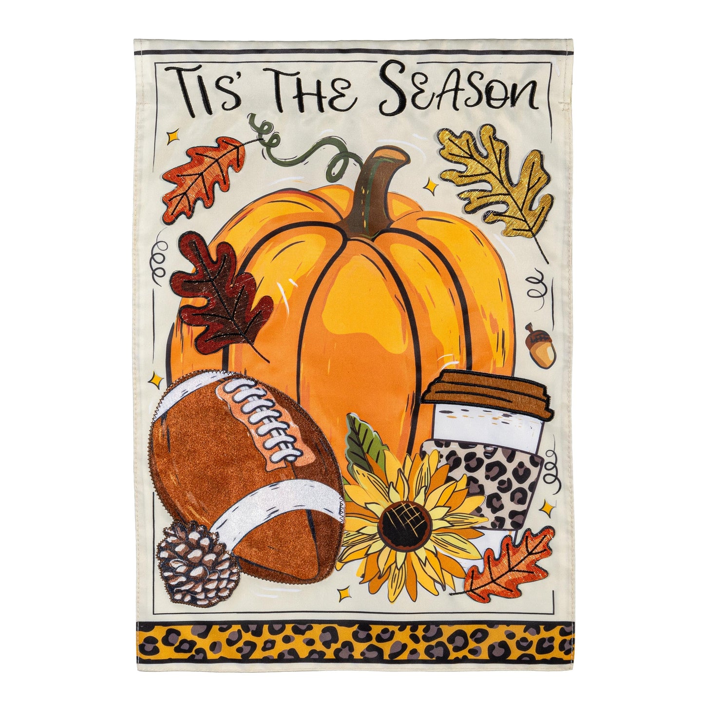 Tis' The Season Fall Applique Garden Flag with pumpkin and autumn leaves on Tampa Home & Garden Store