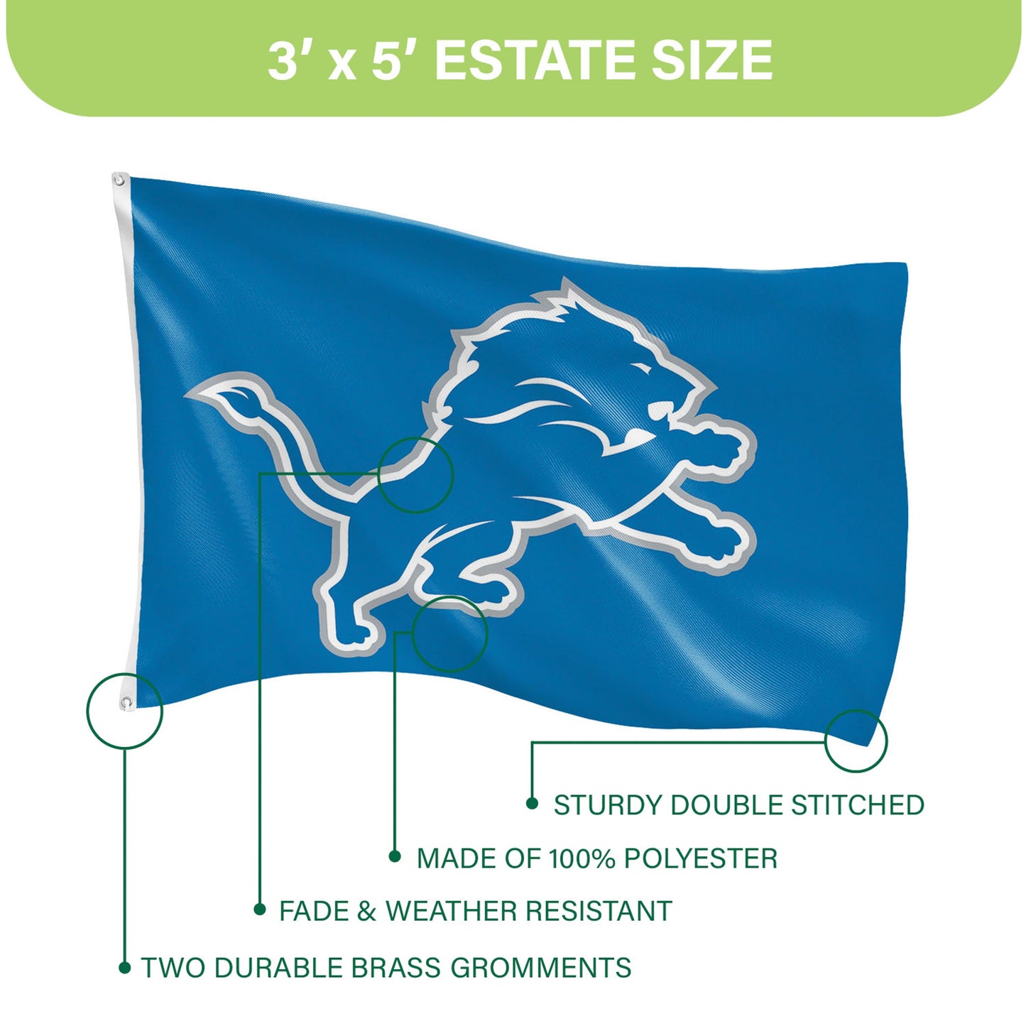 Detroit Lions 3x5 sublimated flag with blue lion logo and two grommets Evergreen Enterprises on Tampa Home & Garden Store