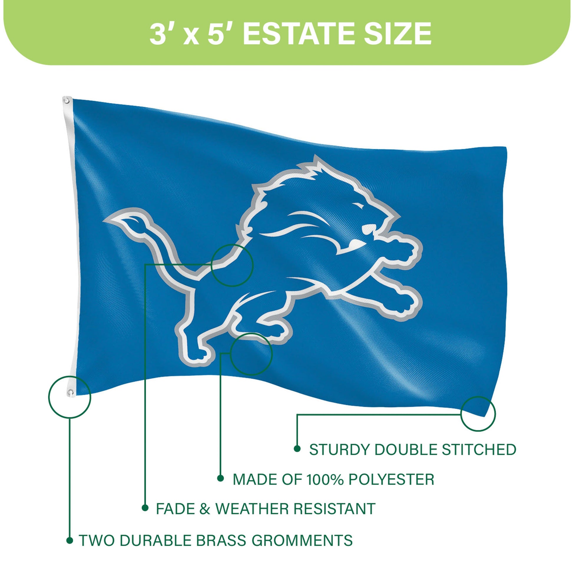 Detroit Lions 3x5 sublimated flag with blue lion logo and two grommets Evergreen Enterprises on Tampa Home & Garden Store