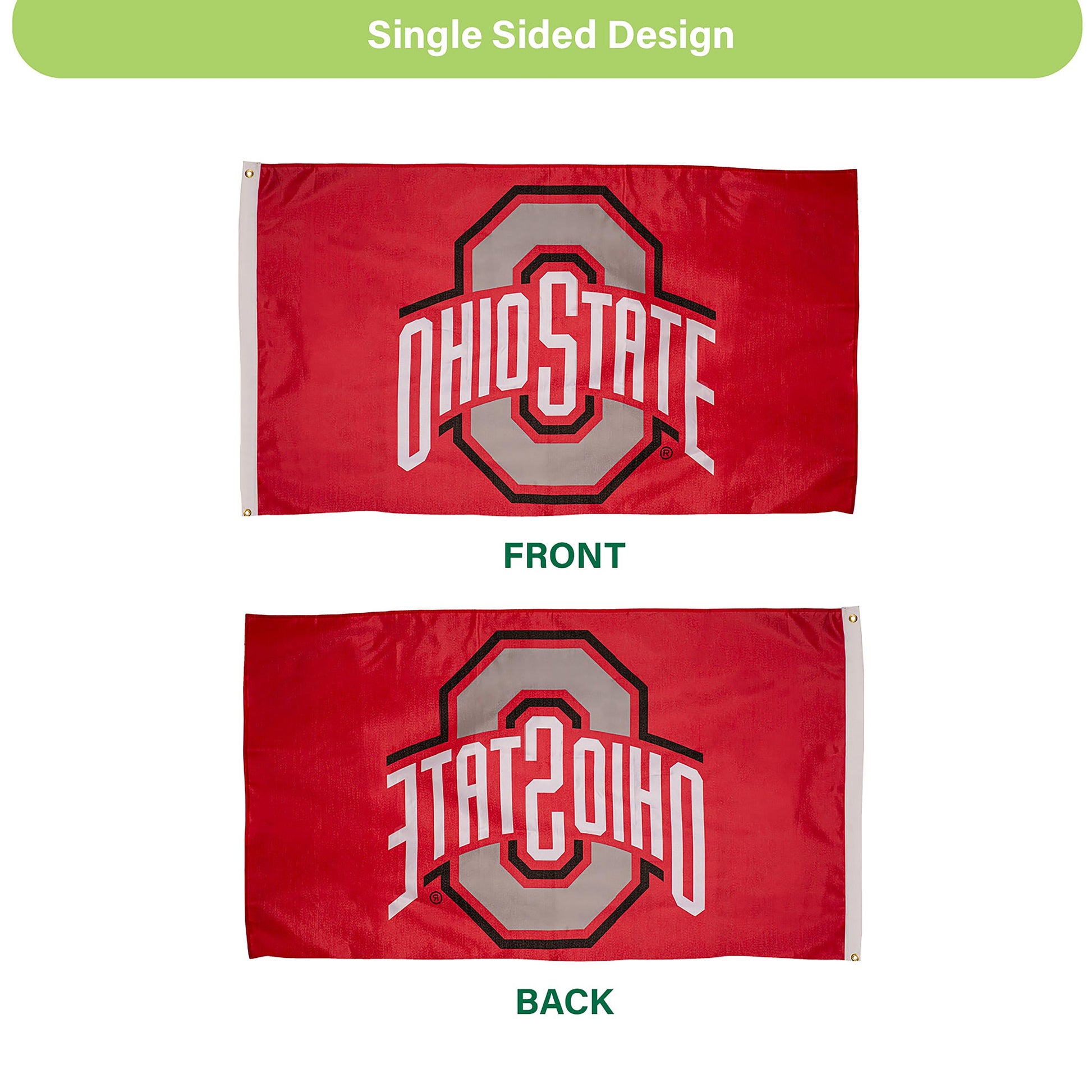 Ohio State University single-sided flag 3x5 with 2 grommets featuring the OSU block O logo on Tampa Home & Garden Store
