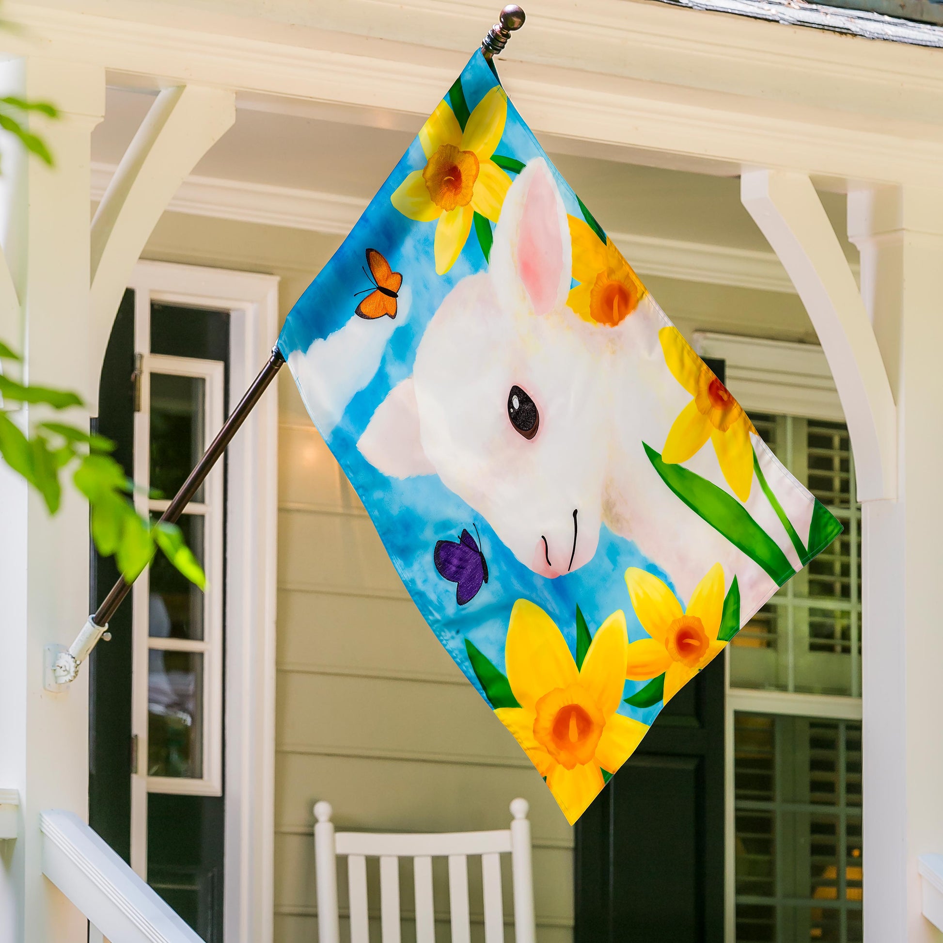 Lamb in Daffodil Field Applique House Flag with white lamb among daffodils and blue sky on Tampa Home & Garden Store
