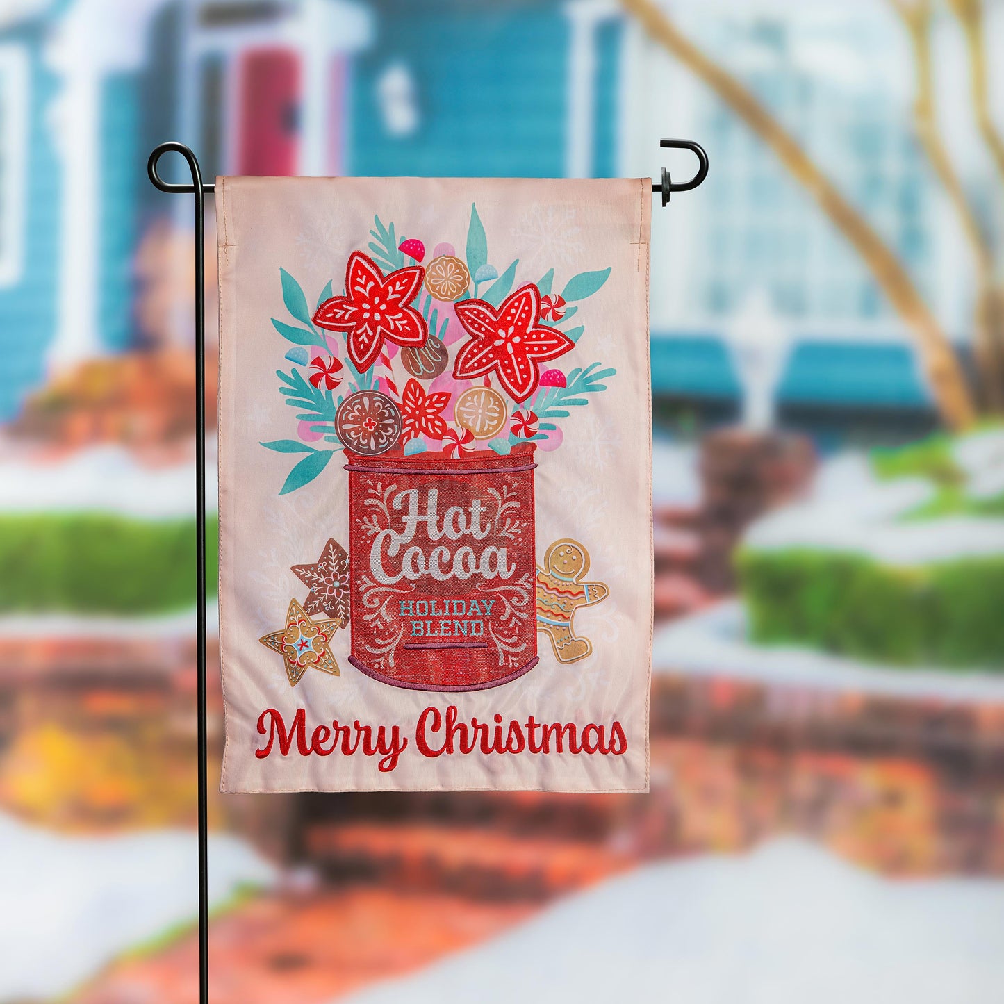 Hot Cocoa Holiday Blend applique garden flag with red cup and floral accents by Evergreen on Tampa Home & Garden Store