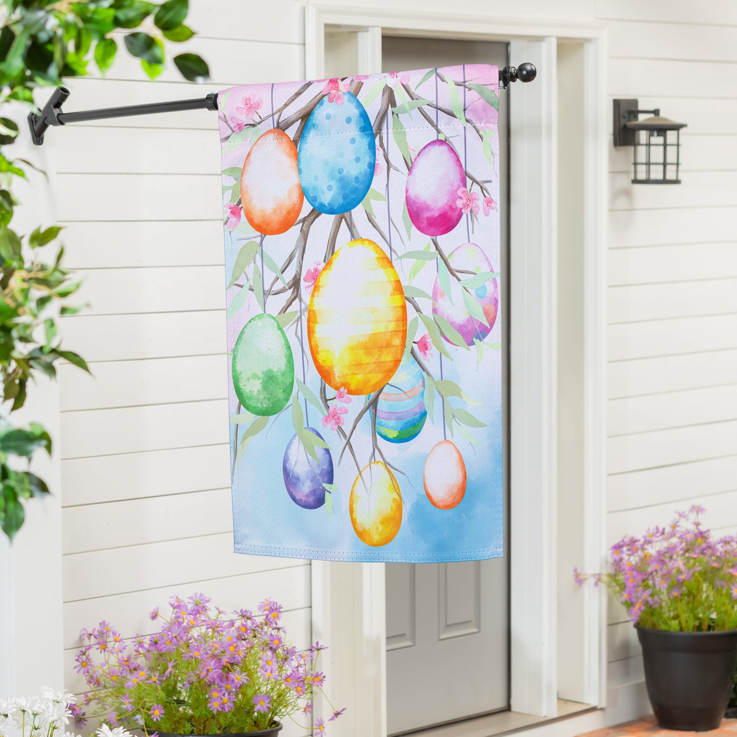 Hop Into Spring Egg Tree Suede House Flag with pastel Easter eggs on branches on Tampa Home & Garden Store