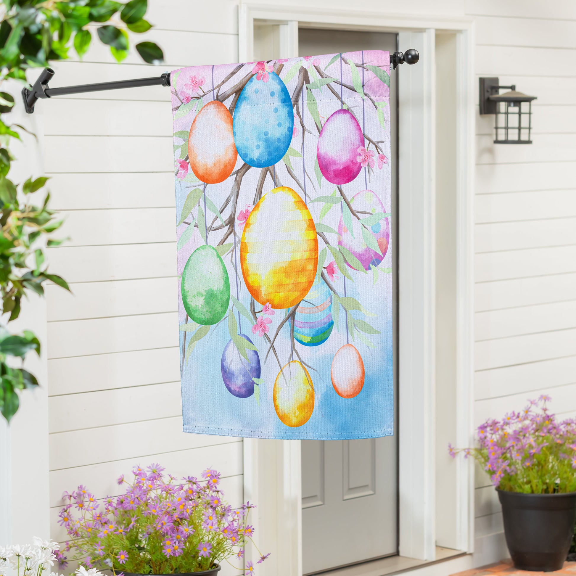 Hop Into Spring Egg Tree Suede House Flag with pastel Easter eggs on branches on Tampa Home & Garden Store