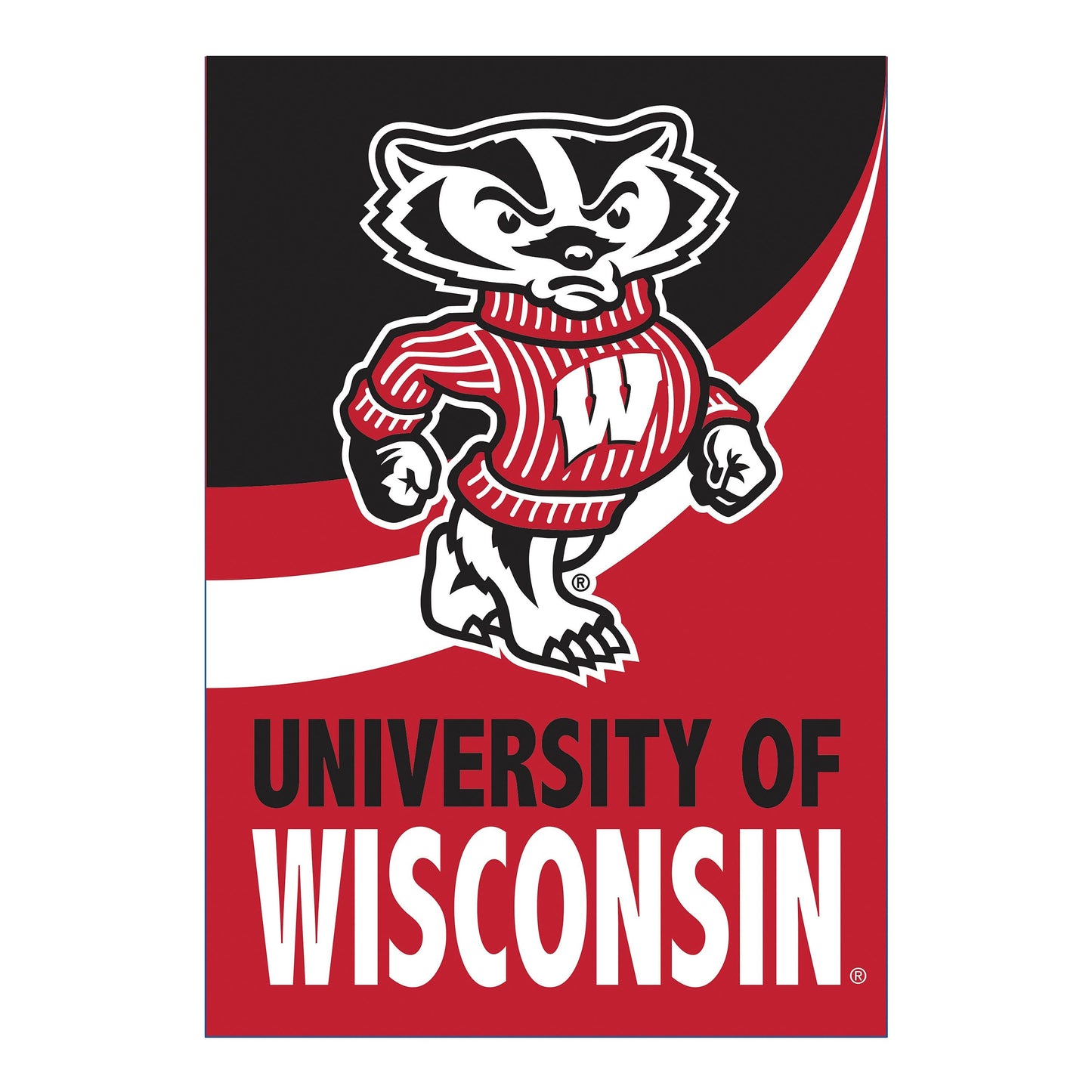 Burlap flag University of Wisconsin–Madison with Badger mascot on black and red background on Tampa Home & Garden Store
