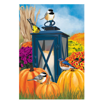 Harvest Lantern Suede House Flag featuring pumpkins and birds on a blue lantern on Tampa Home & Garden Store