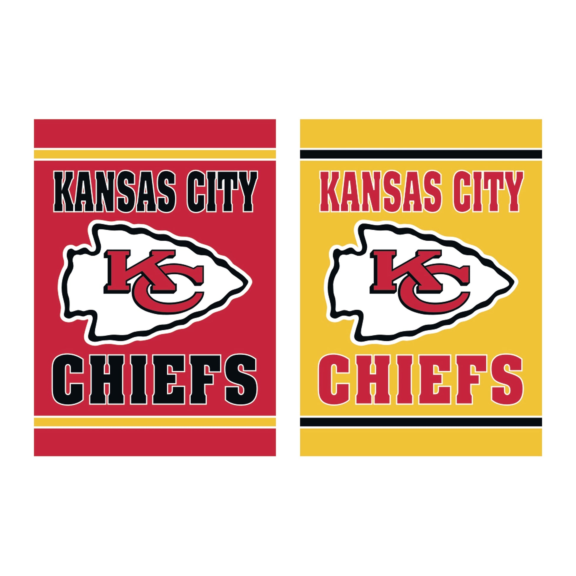 Kansas City Chiefs embossed suede house flag pair, red and gold with KC emblem on Tampa Home & Garden Store