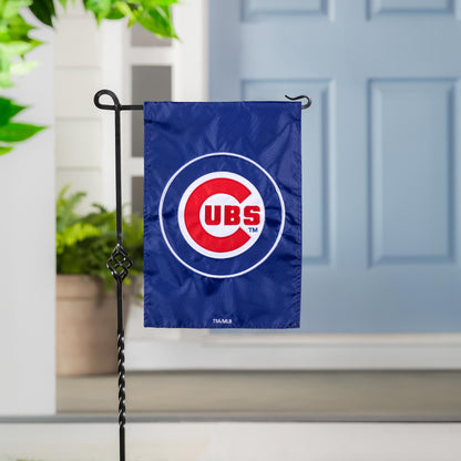 Chicago Cubs Applique Garden Flag blue with Cubs logo on black metal stand on Tampa Home & Garden Store
