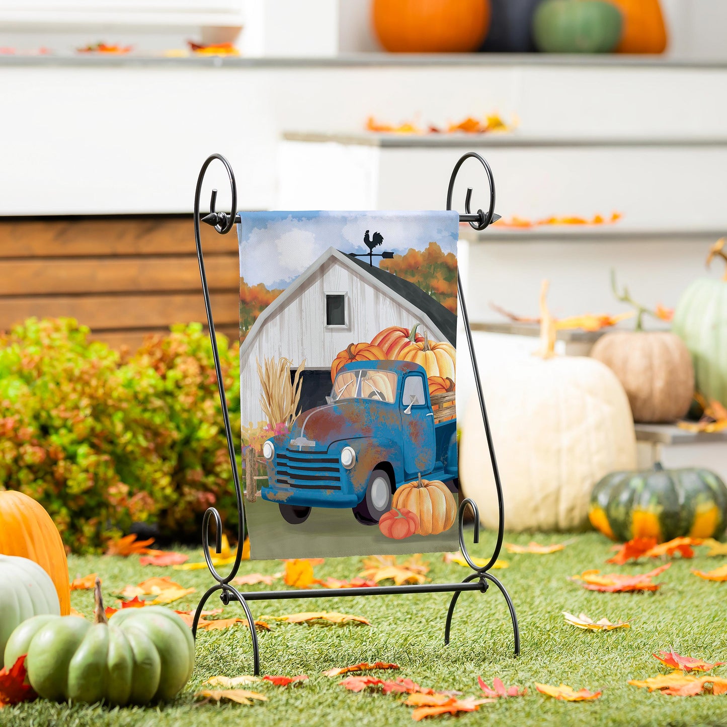 Barns & Harvest Suede Garden Flag autumn harvest pumpkins and barn scene on Tampa Home & Garden Store