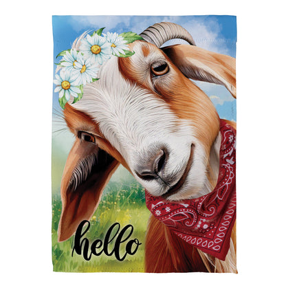 Hello Floral Goat Suede House Flag by Evergreen Enterprises with daisy crown and blue sky on Tampa Home & Garden Store