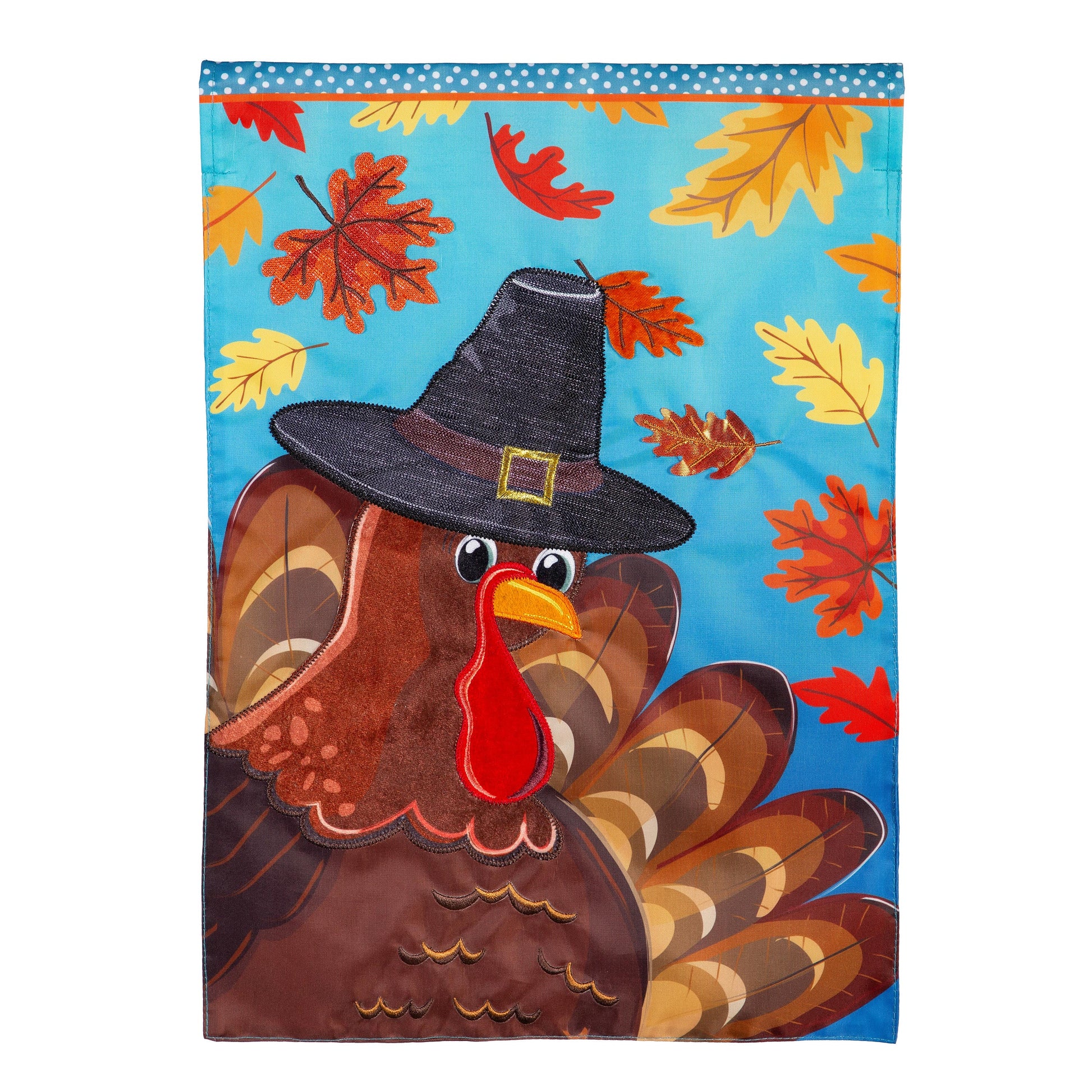 Turkey Time Applique Garden Flag teal background with autumn leaves and a pilgrim turkey on Tampa Home & Garden Store