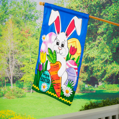 Happy Easter Bunny and Carrot Applique House Flag blue background with white bunny on Tampa Home & Garden Store