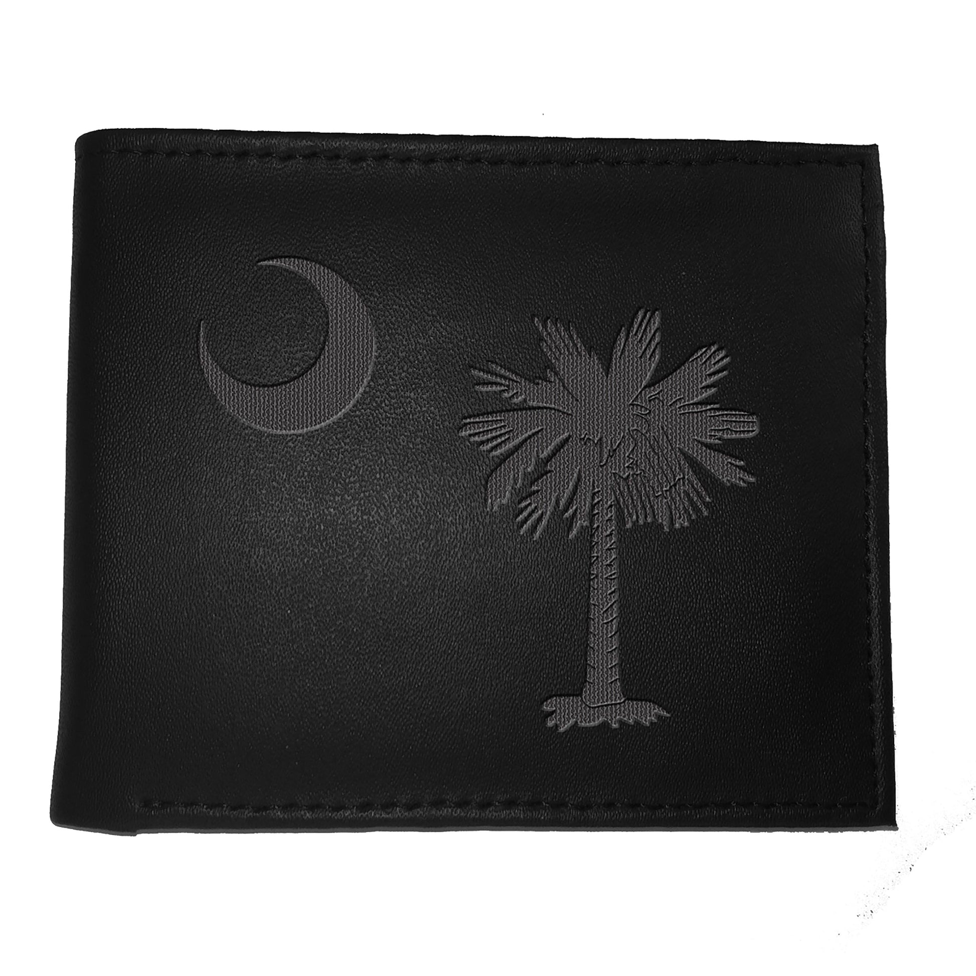 Bi-Fold Wallet black leather embossed with SC flag palm tree logo Evergreen Enterprises on Tampa Home & Garden Store