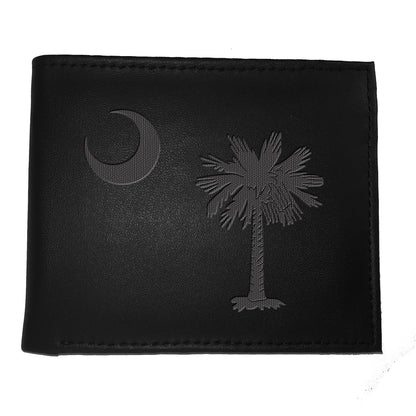 Bi-Fold Wallet black leather embossed with SC flag palm tree logo Evergreen Enterprises on Tampa Home & Garden Store