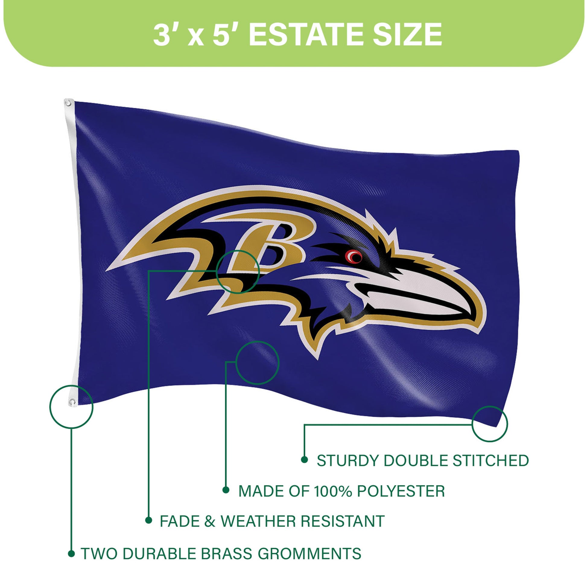 Baltimore Ravens 3' x 5' single-sided flag blue polyester with 2 grommets by Evergreen Enterprises - Wholesale Collective on Tampa Home & Garden Store