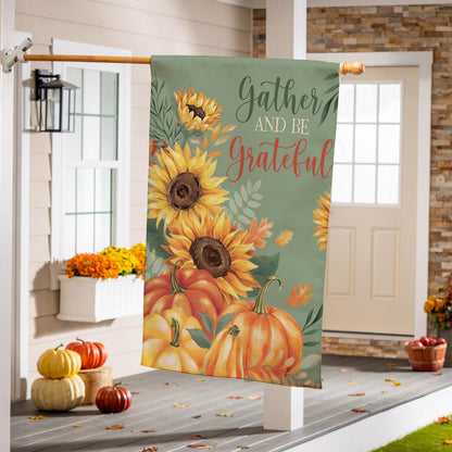 Grateful Gatherings suede house flag with sunflowers and pumpkins on sage green background on Tampa Home & Garden Store
