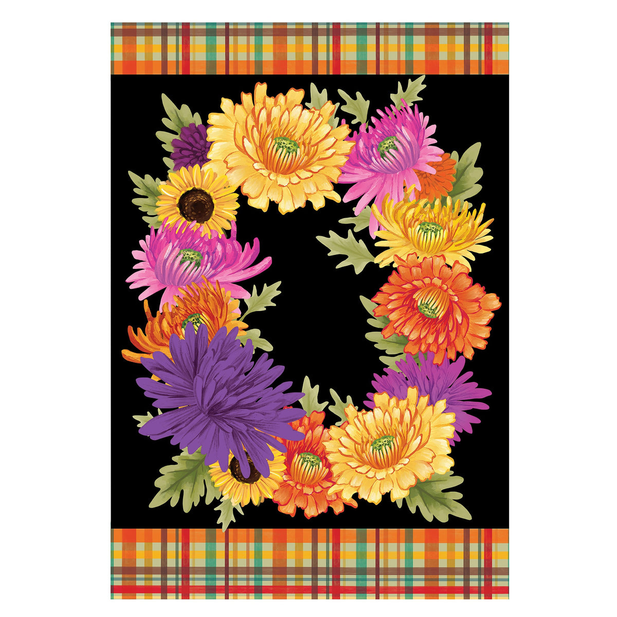 Fleur Of Mums Applique Garden Flag blooms on black with plaid border by Evergreen on Tampa Home & Garden Store